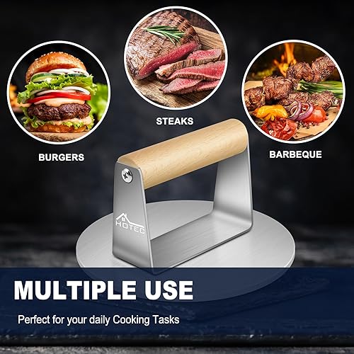 Miniatura 6 de HOTEC Prensa redonda de tocino para parrilla extra pesada de acero inoxidable de 6.2 pulgadas para tocino de hamburguesas, con mango de madera