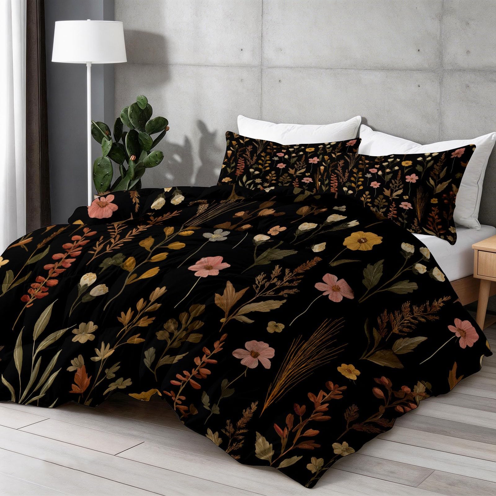 Genérico 200 x 220 cm Dwustronna kołdra z nadrukiem w ciemnym stylu retro kwiaty i rośliny - w dotyku sprana bawełna, wypełnienie nordyckie, bardzo ciepła kołdra bez poszewki, zestaw pościeli z