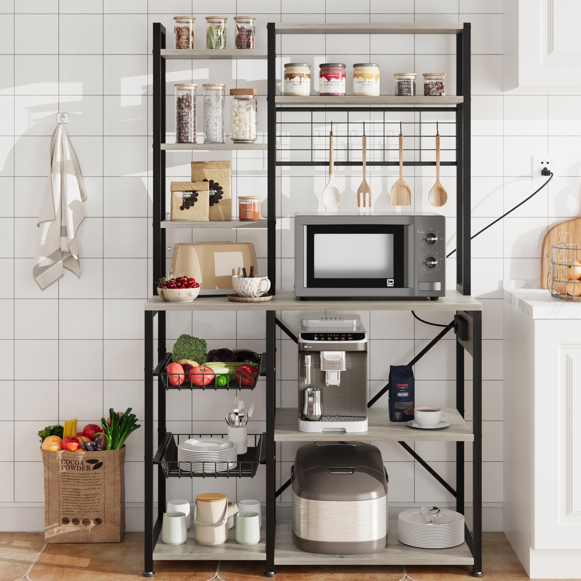 Zstar Estante De Almacenamiento De Cocina De Estilo Industrial con Enchufes y Ganchos, Múltiples Estantes, Amplio Espacio De Almacenamiento, Barra De Café, Gabinete para Microondas