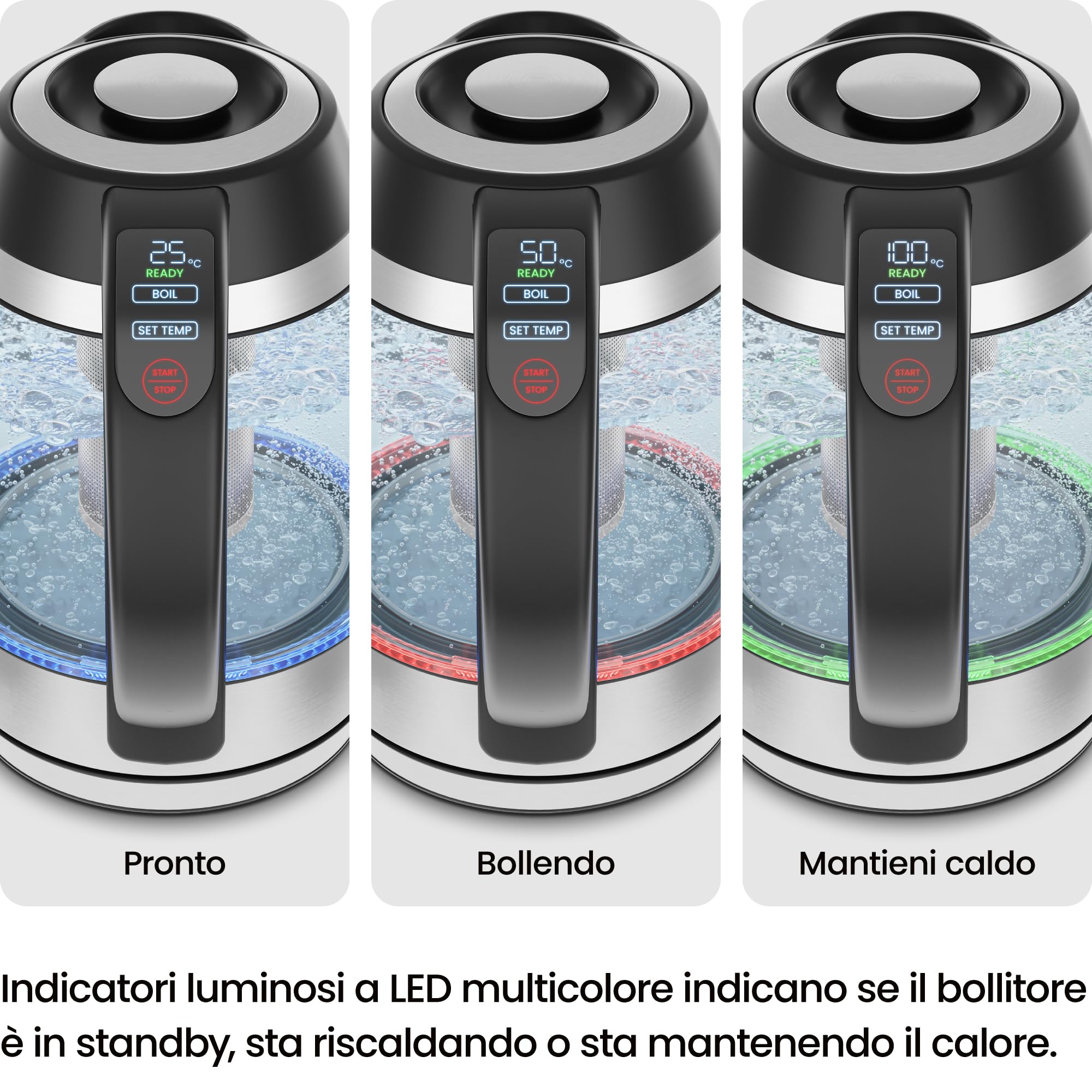 Bollitore Elettrico CHIEFMAN per Bollire l’Acqua, 1.8L 2200W con Infusore per The, Acqua Calda in 3 Minuti, Luci LED, Spegnimento Automatico, Funzione per Mantenere la Temperatura