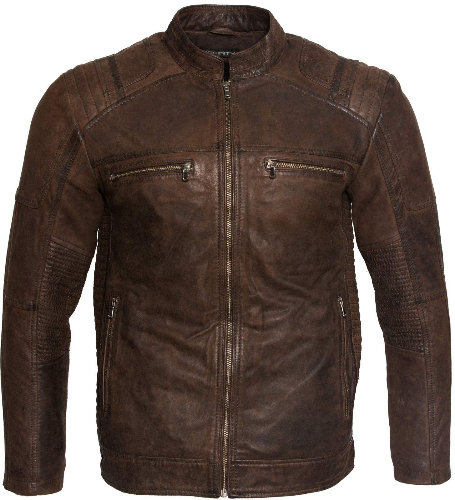 Men’s Casual Brown Buff Leather Cafe Racer Biker Jacket S