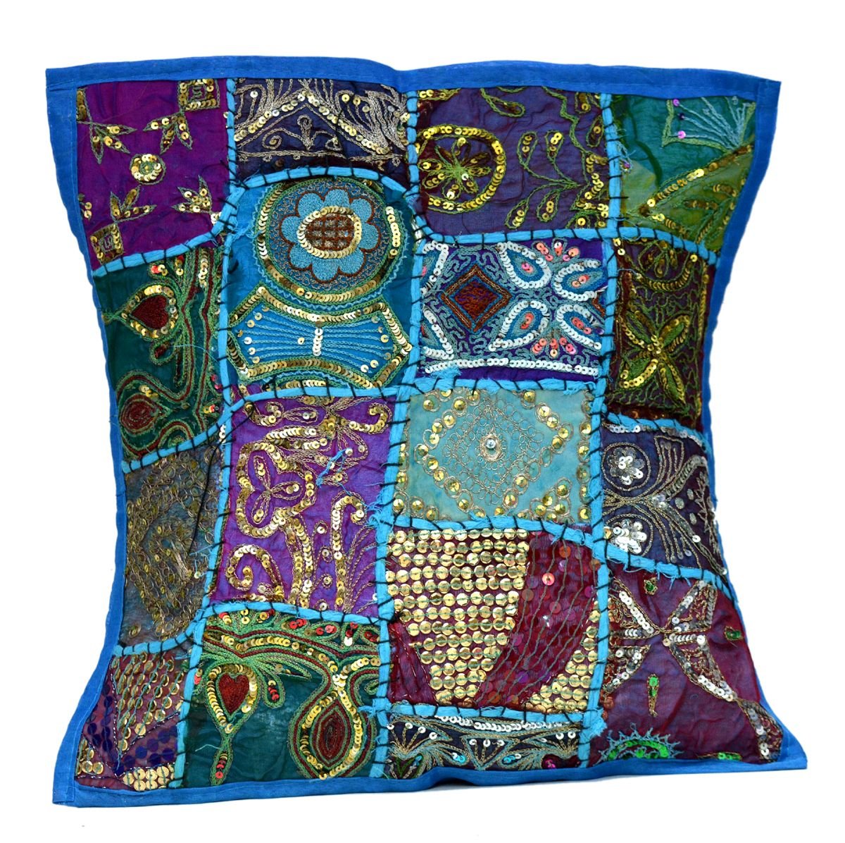 Amazingindiaonline An Ethnic Embroidery Sequin Patchwork Throw Pillow Cases Cushion Cover (Blue)