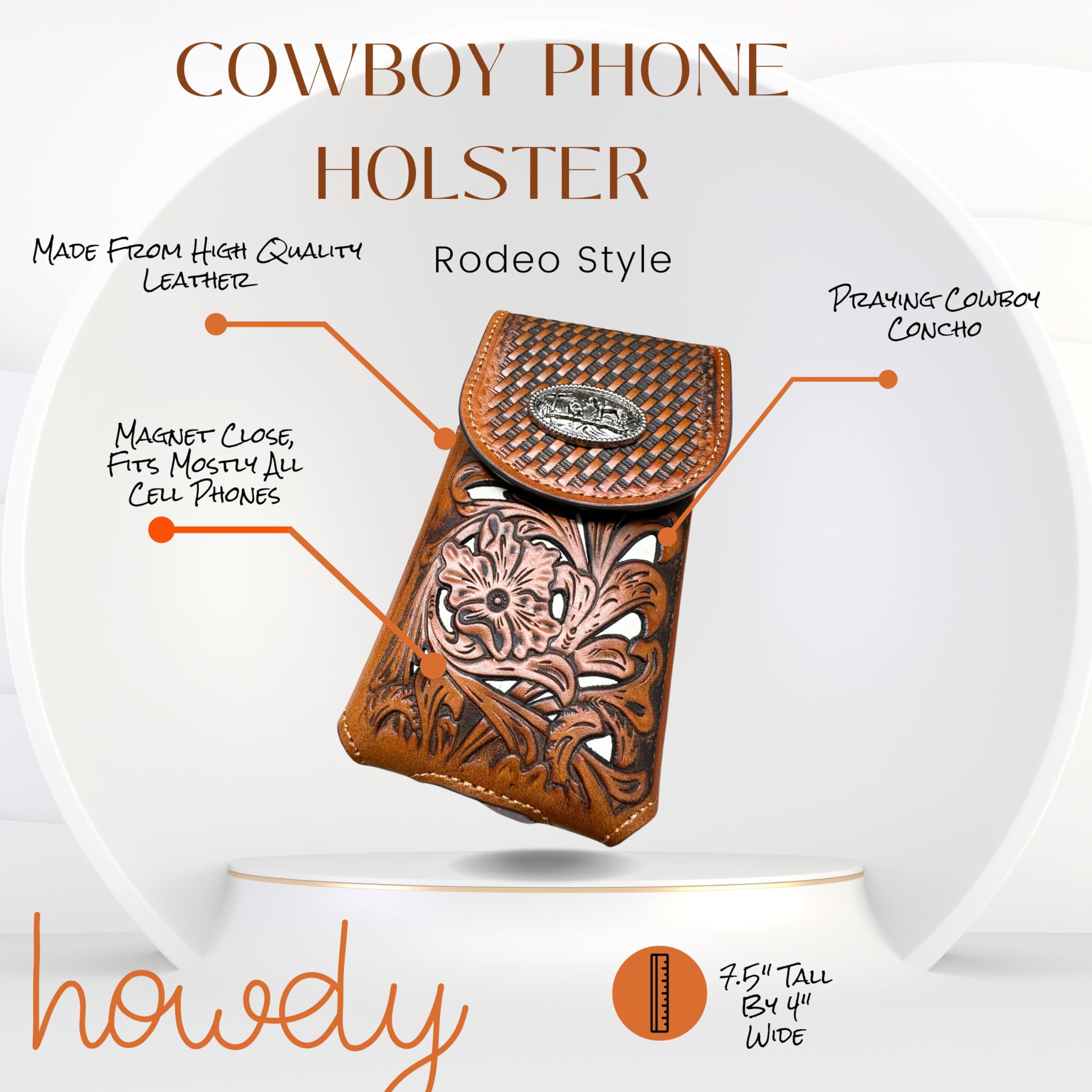Western-Leder-Handy-Gürtelholster, Handytasche, Blumenmuster, Cowboy, betender Concho, Korbgeflecht, für iPhone, Samsung 15 Plus 14 Pro Max, universell (Braun und Weiß)