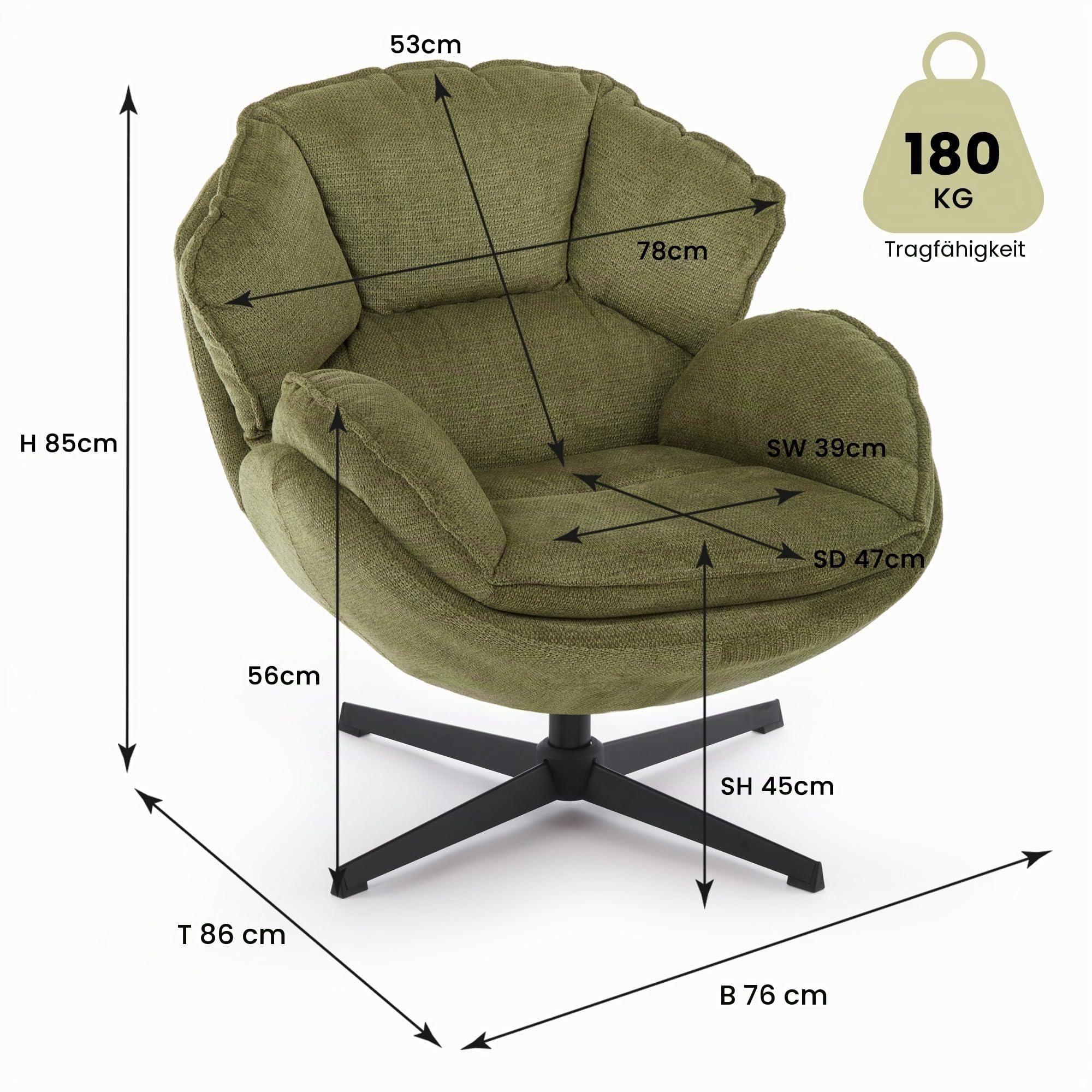 IWMH Sessel Wohnzimmer 360°Drehbar, Loungesessel Schlafzimmer, Polsterstuhl mit Breiter Sitzfläche, Ohrensessel mit Metallbeinen, Relaxsessel Lesesessel für Wohnzimmer Schlafzimmer Büro (Grün)