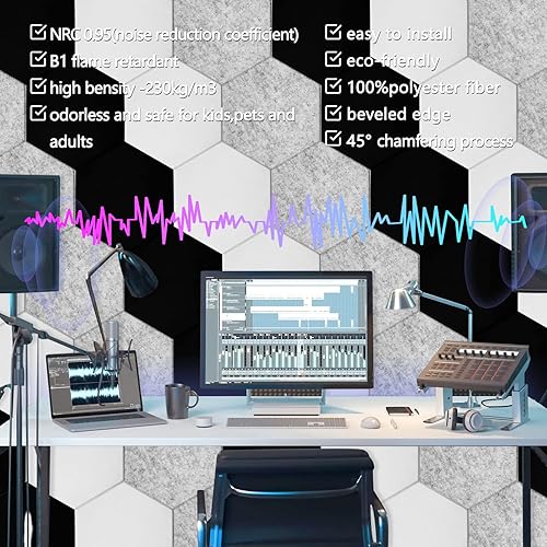 Miniatura 4 de Paquete de 18 paneles acústicos hexagonales, insonorizantes, absorben el sonido, de alta densidad, bordes biselados, tratamiento que aísla el sonido
