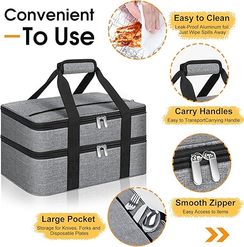 Miniatura 3 de Porta cacerolas doble aislado, porta cacerolas portátil para alimentos calientes o fríos, bolsa para calentar o enfriar el almuerzo o bolsa de