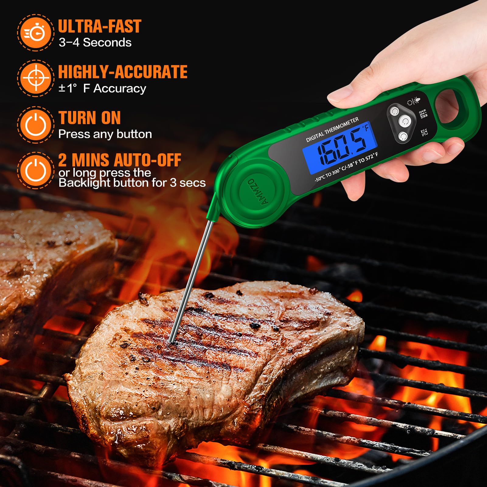 AMMZO Termómetro digital de carne para asar, termómetro de caramelo de lectura instantánea, termómetro de alimentos impermeable con retroiluminación para cocinar, freír, barbacoa, ahumadero y
