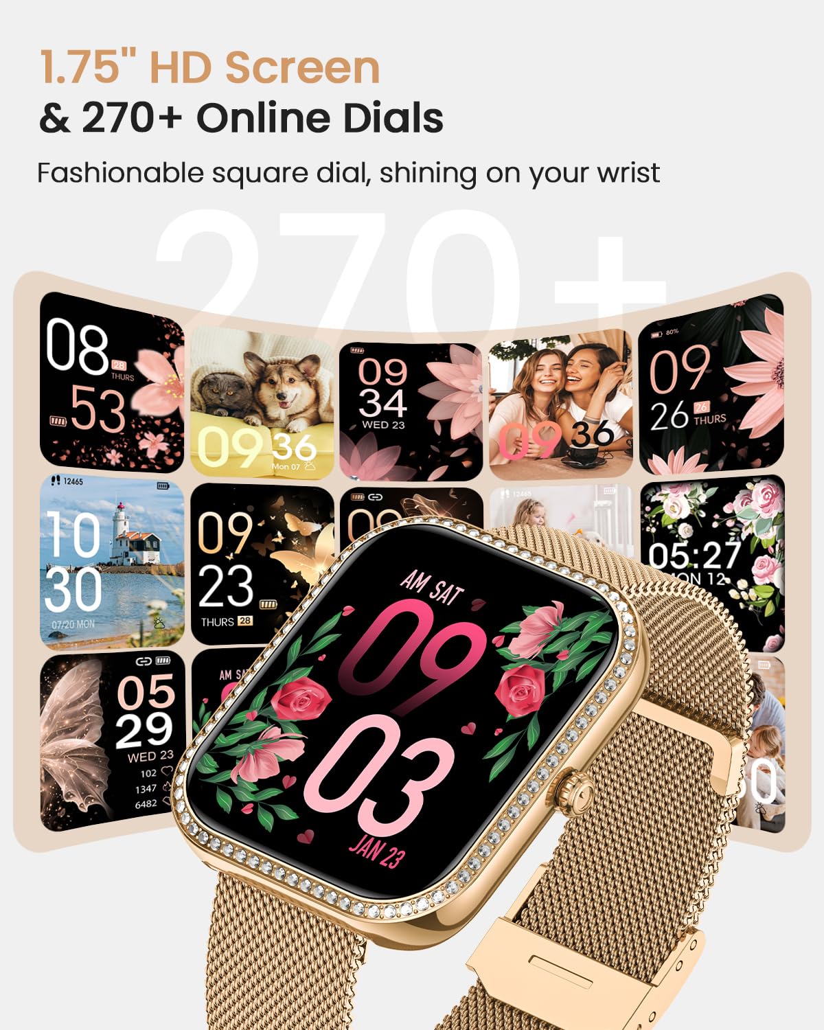 BANLVS Smartwatch Donna con Chiamate, 1,75” Orologio Fitness con 270 Quadranti, 130 Sport, Smart Watch Fisiologia Femminile SpO2 Cardiofrequenzimetro Sonno Calorie Android iOS Oro Regalo Natale Donna