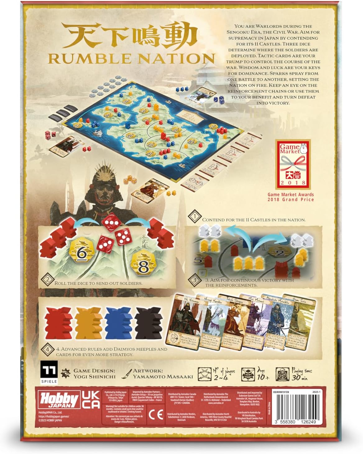 Rumble Nation Board Game - Dice Rolling and Tactical Warfare Strategy Game in the Sengoku Era, Fun for Families, Kids & Adults, Ages 10+, 2-4 Players, 30 Minute Playtime, Made by Hobby Japan