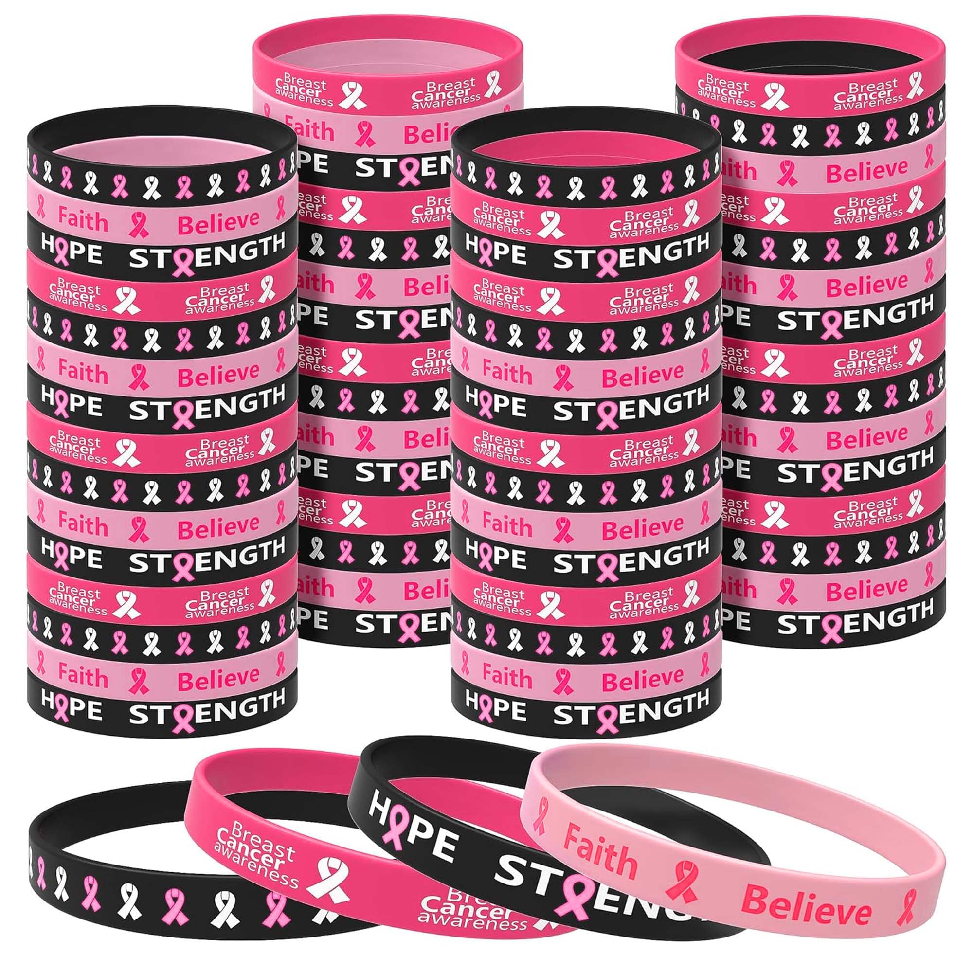 Wehhbtye 60 Pcs Breast Cancer Awareness Silicone Wristbands - Unisex Ribbon Breast Cancer Awareness Bracelets in 4 Designs - Hope Faith Strength