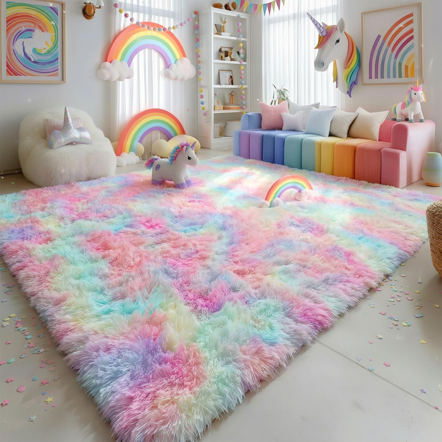 Rainbow Fluffy Kids Rugs for Girls Bedroom, Unicorn Room Decor Aesthetic, 5x8 Colorful Pastel Shag Area Rugs for Playroom Nursery Classroom, Cute Fuzzy Kawaii Princess Carpet for Baby Toddler Teen