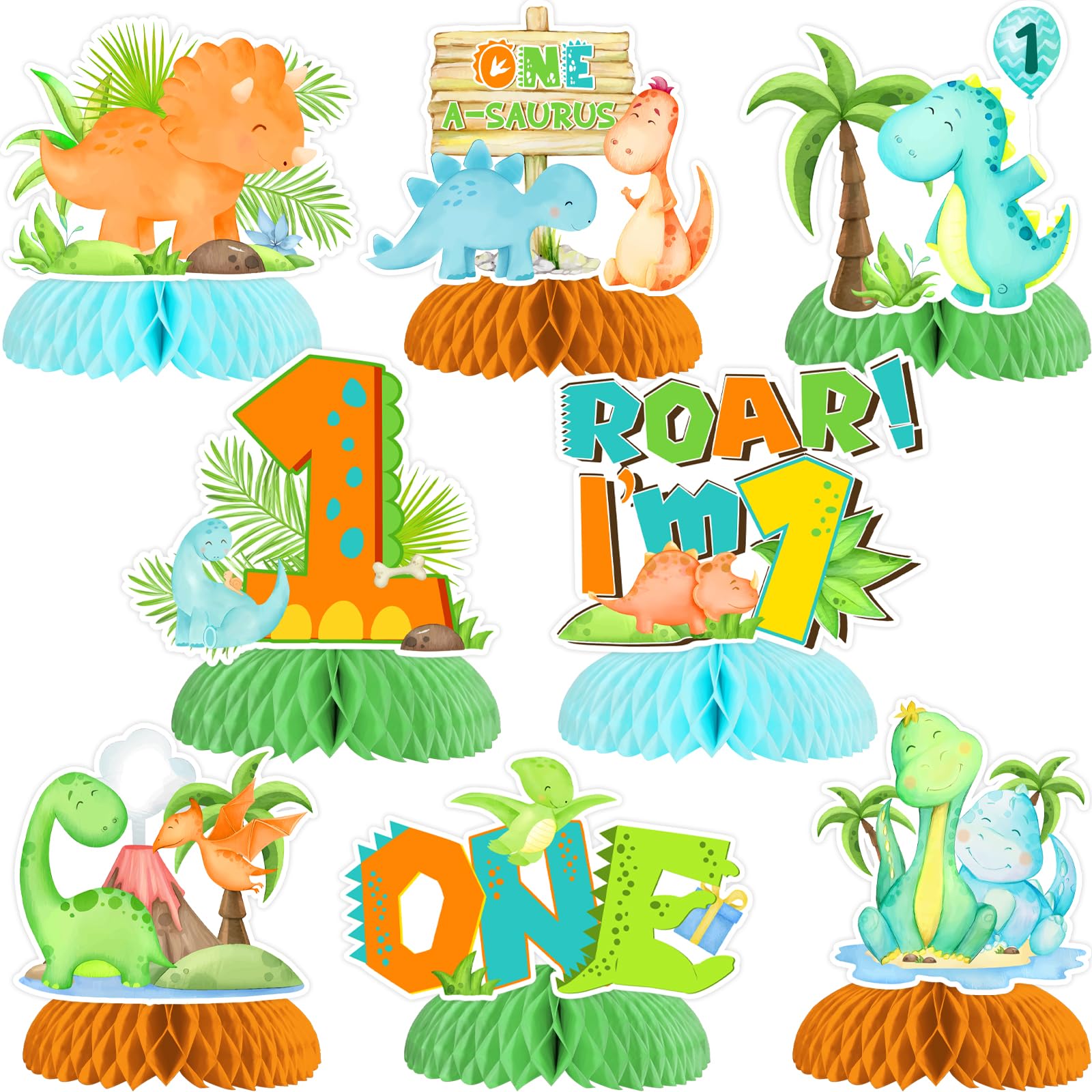 Funmemoir Dinosaur First Birthday Decorations Boy - 8pcs Dinosaur Honeycomb Centerpieces, One a Saurus Dino Birthday Table Toppers for Roar Im 1