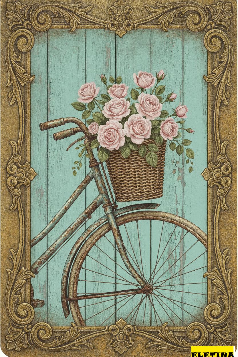 Bike With Flower Red Rose Vintage Tin Sign Summer Wall Decor Farmhouse Home Cafes Office Pubs Club Art 8x12in