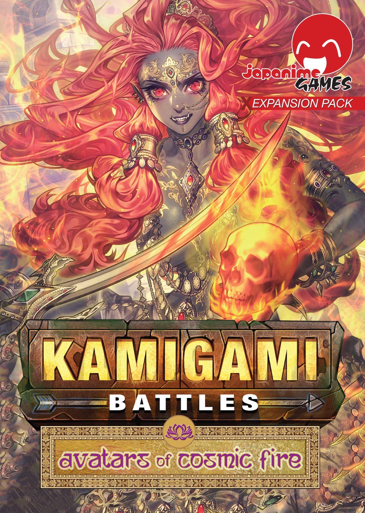 Japanime Games Kamigami Battles: Avatars of Cosmic Fire Expansion | Pick Your Favorite God/Goddess and Fight for Your Favorite Pantheon | Deck-Building Card Game | 2-6 Players | Age 12+