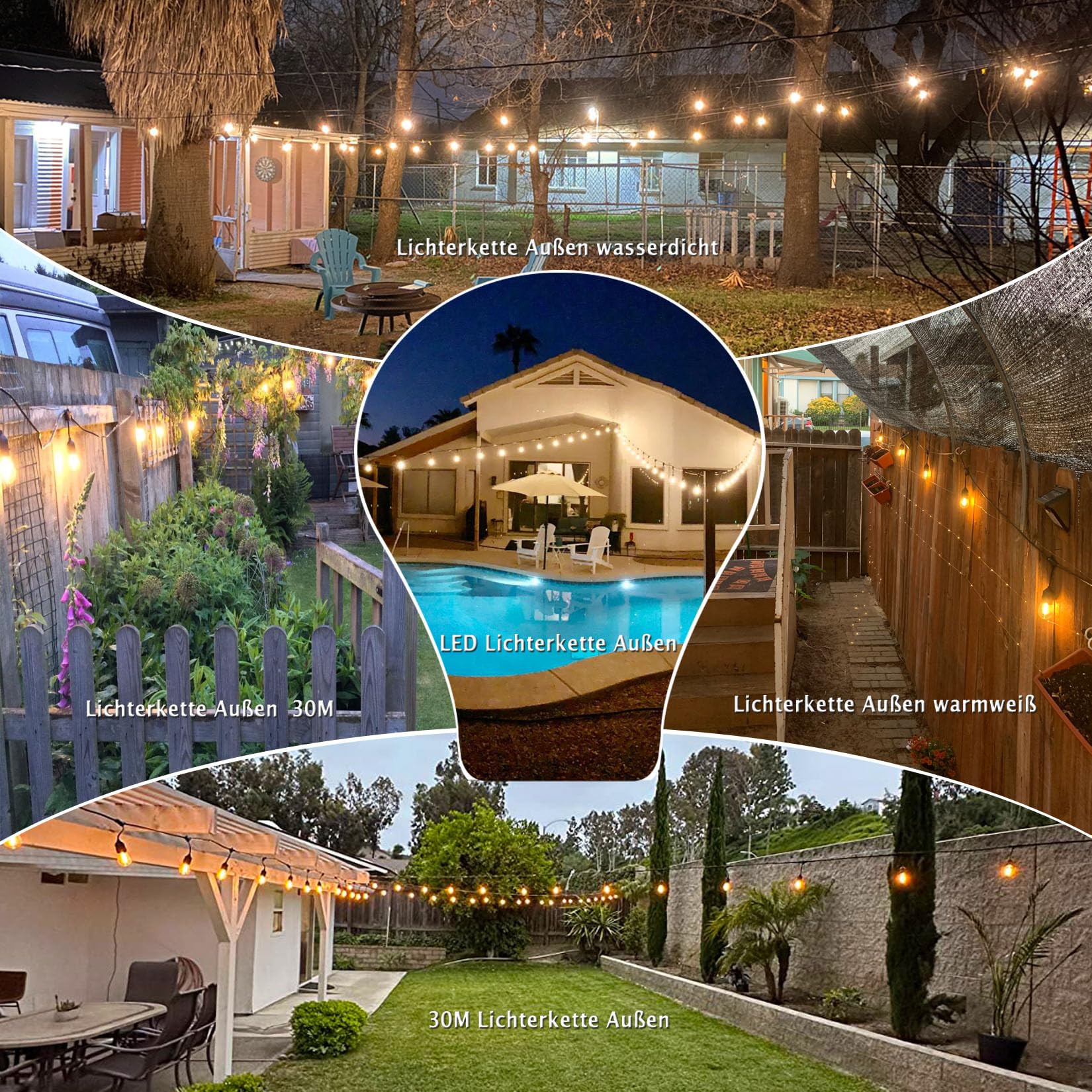 LED Lichterkette Außen 30M,E27 Lichterkette IP65 mit 32 Lampen | S14 Außen-Lichterkette 2700K Warmweiß für GartenTerrasse Hochzeiten [Energieklasse G]