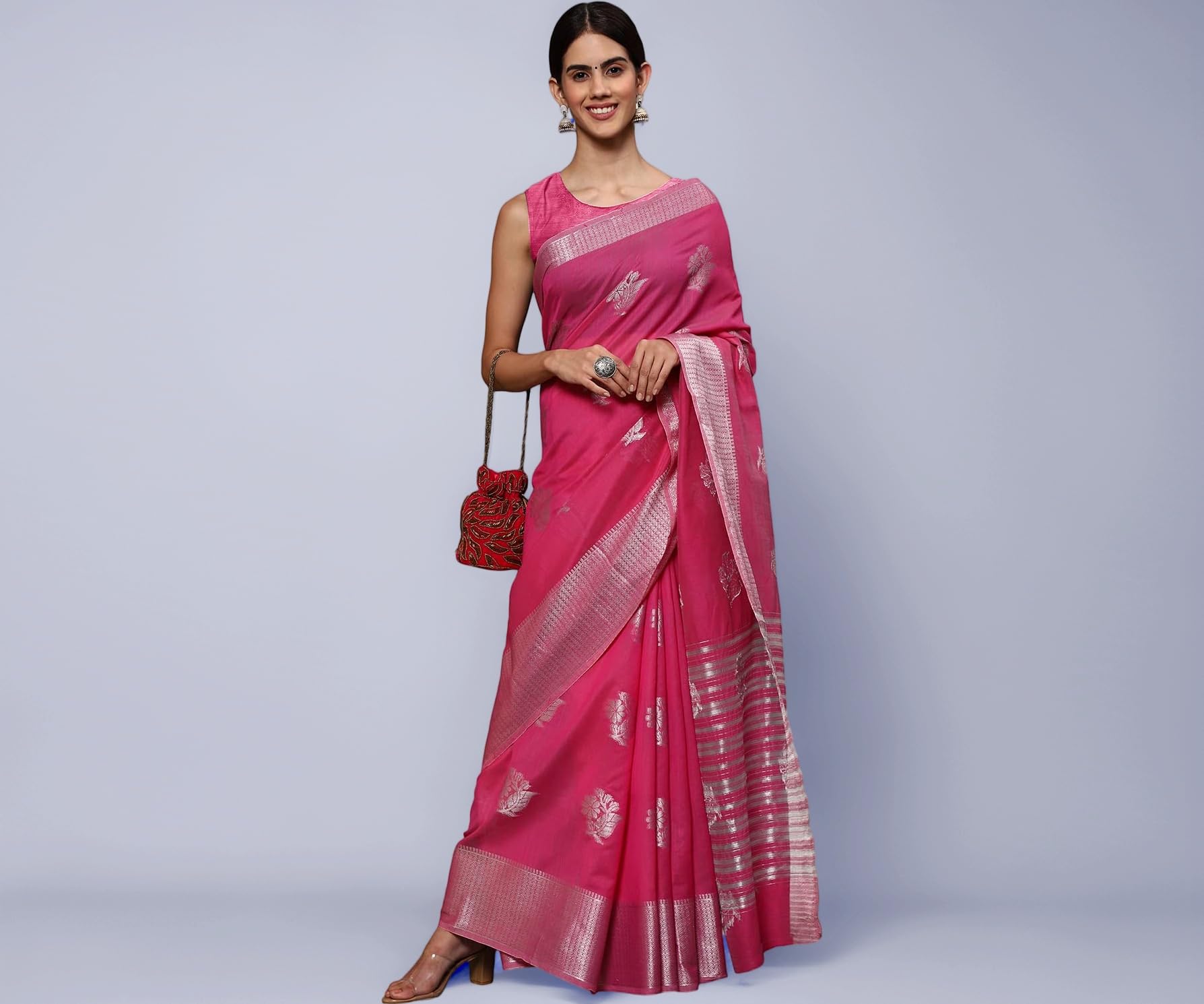 leeza store Women's Linen Tissue Silk Silver Zari Floral Motifs Jacquard Banarasi Saree With Blouse Piece
