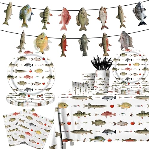 Decoración de fiesta de pesca Gone, juego de vajilla temática de pesca de 142 piezas, platos, servilletas para decoración de pequeño pescador,