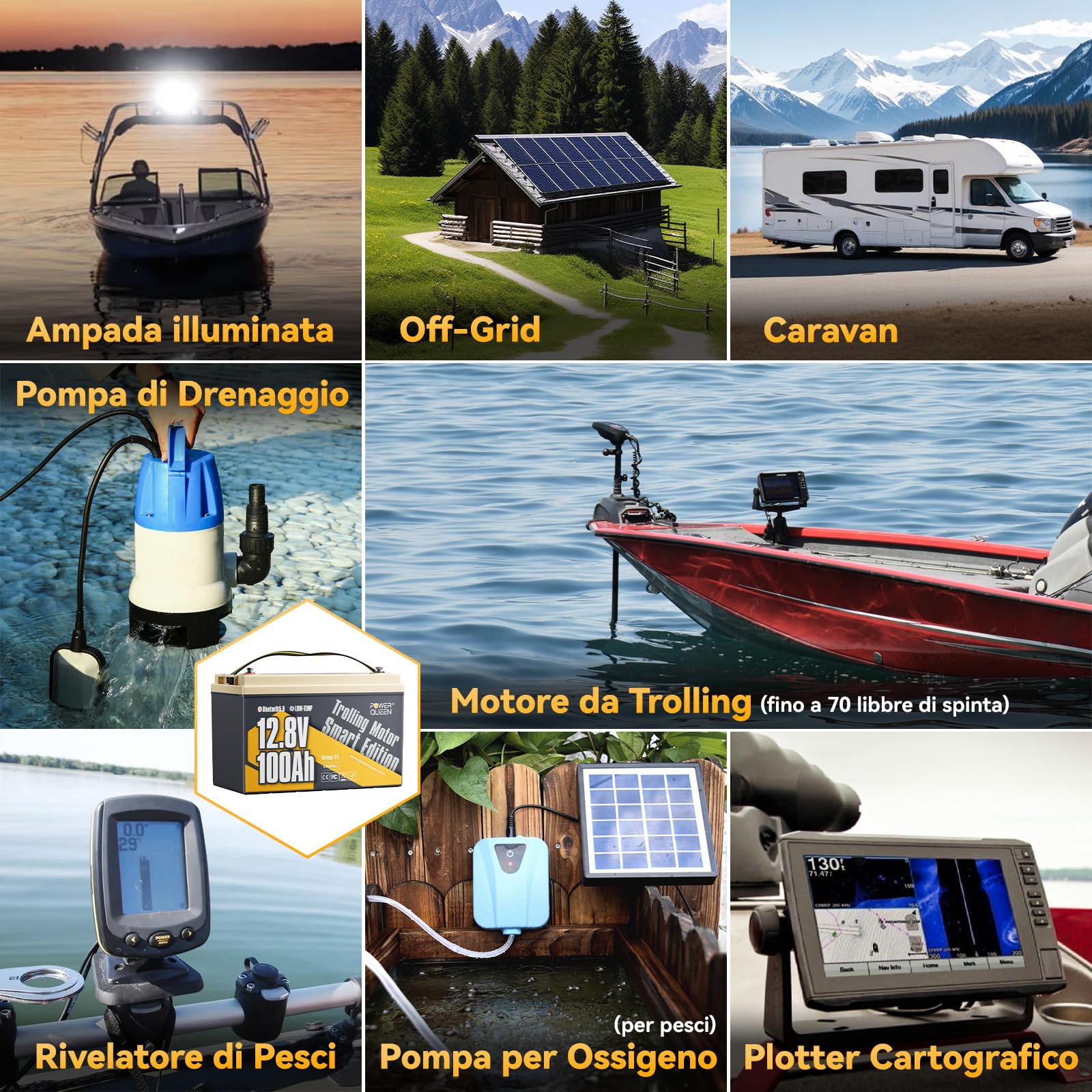 Power Queen Batteria al litio per uso marino da 12V 100A | 100A BMS, Bluetooth, IP65, Prot. basse temp., fino a 15000 cicli, Energia 1280Wh, per Trolling Motor, piccoli pescherecci