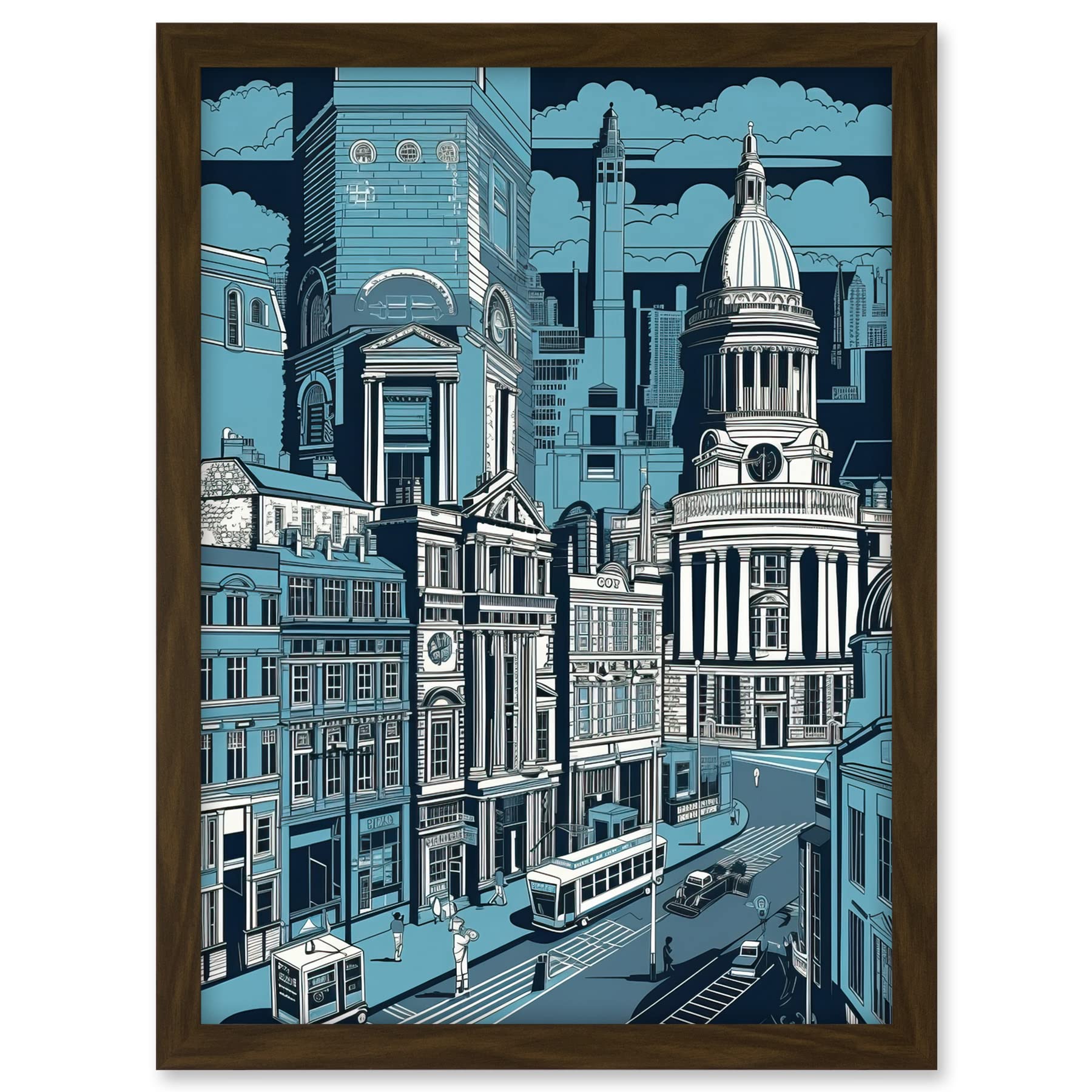 Artery8 Belfast Cityscape City Centre Hall Linocut Style Artwork Framed A3 Wall Art Print