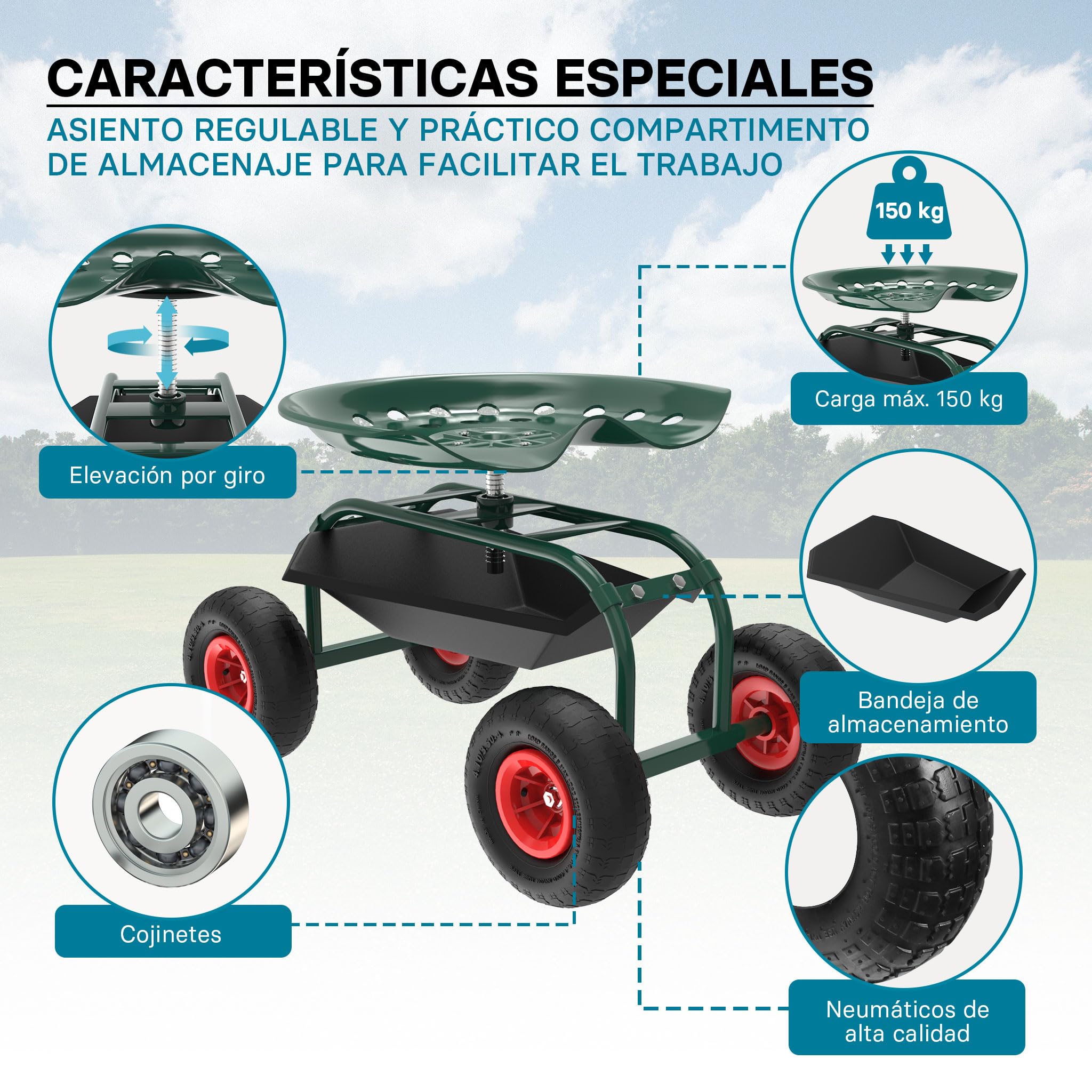 WilTec Asiento Ruedas Taller 150kg Taburete móvil Taller Asiento Trabajo Asiento Ruedas Taburete portátil