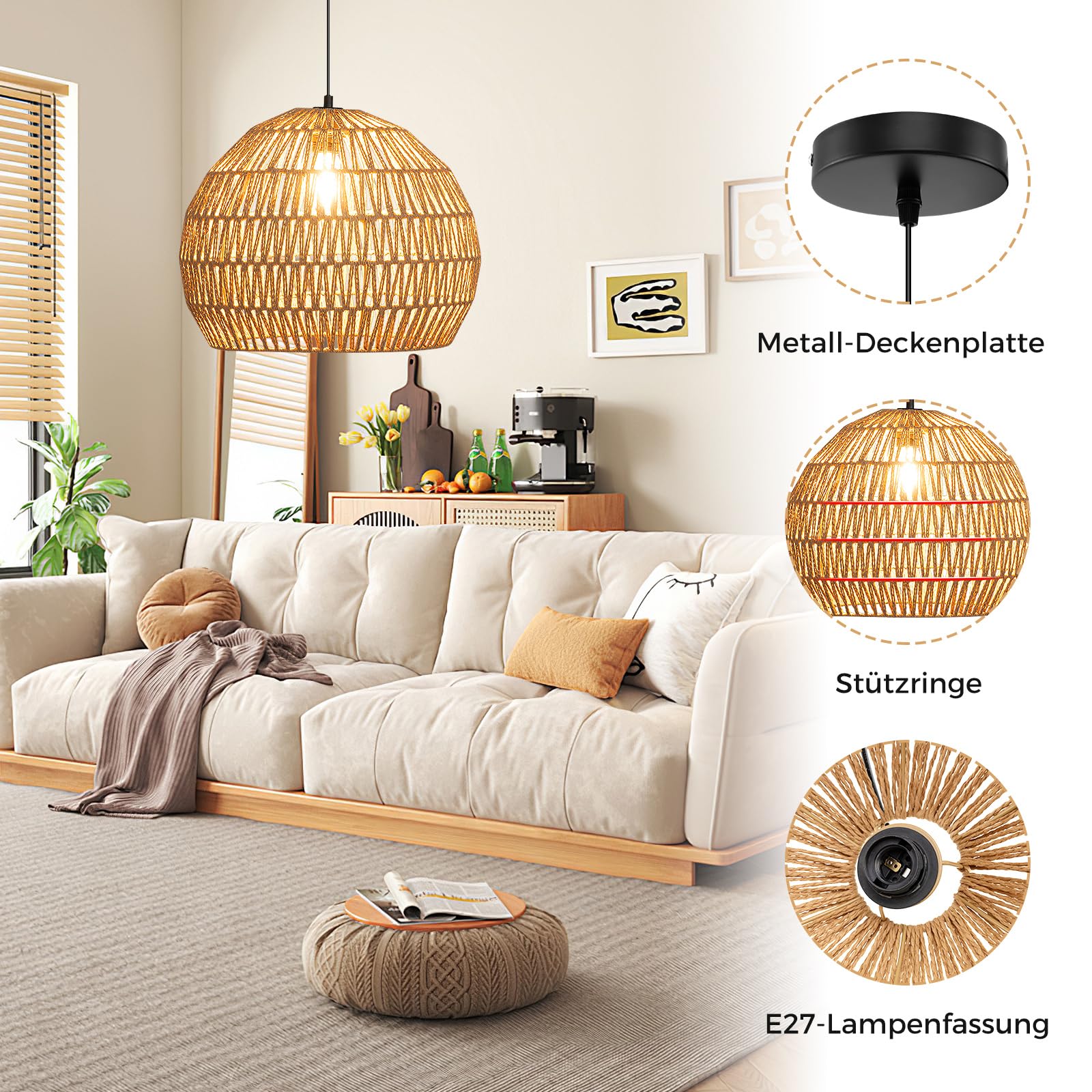 COSTWAY geflochtene Pendelleuchte, Boho Deckenleuchte mit verstellbarer Aufhänghöhe, Bauernhaus Hängelampe mit E27-Basis (Lichtquelle nicht enthalten) für Küche, Schlafzimmer, 43 x 34 cm (kaffee)