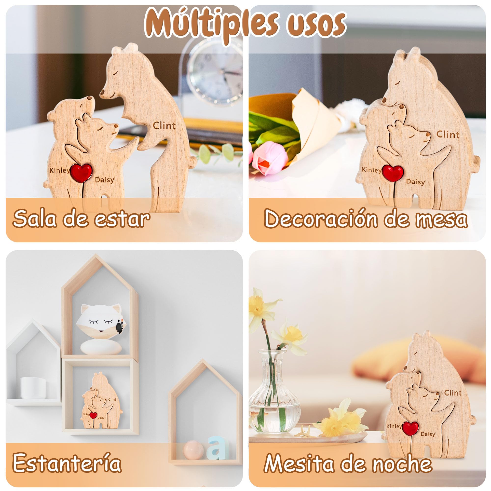 Easycosy Regalo Dia de la Madre, Puzzle Personalizado Familiar de Osos de Madera con 2-7 Nombres, Rompecabezas Personalizados con Familia de Osos, Regalos Decorativos para Mamá, Papá, Navidad — view 4