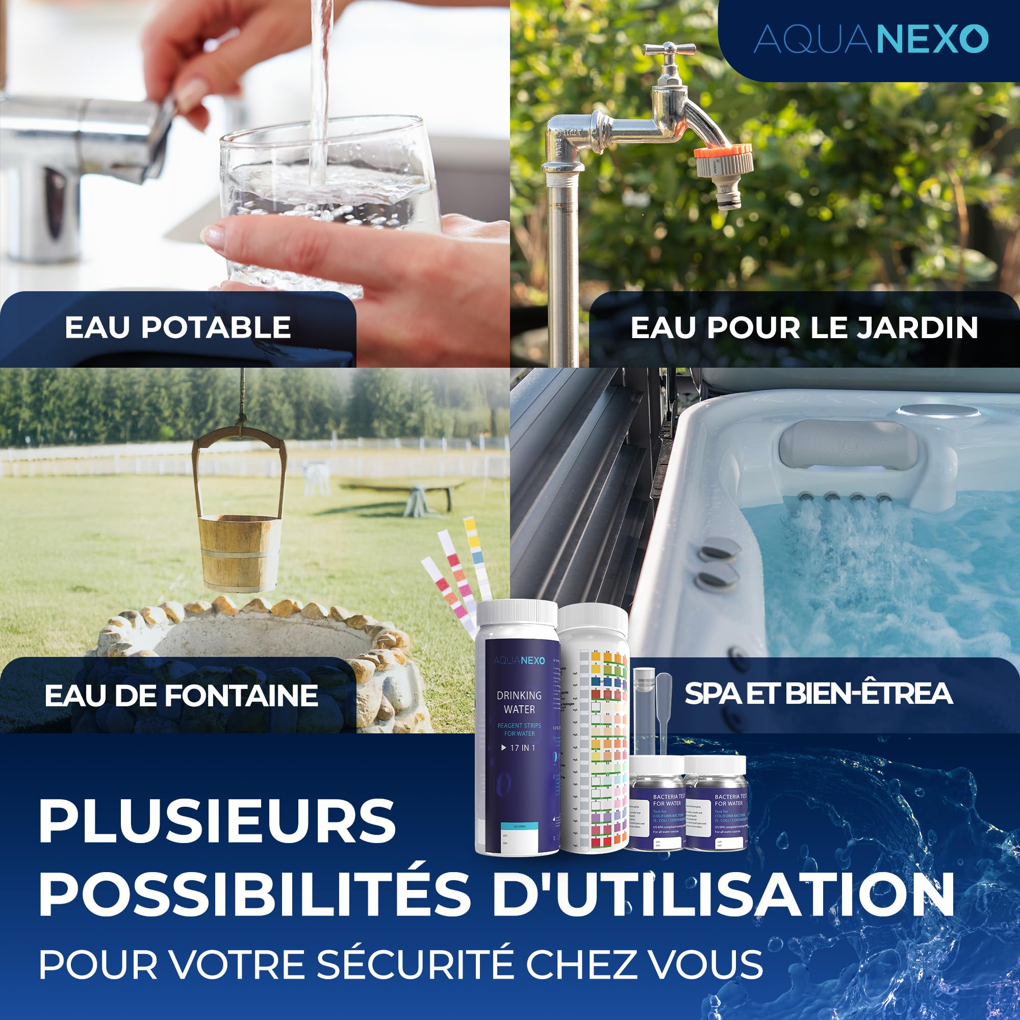 18 paramètres, 125 bandelettes de test pour eau potable (5x25)+ 2x test de bactéries coliformes, bandelettes de test pH, testeur d'eau potable, dureté de l'eau, test d'eau potable