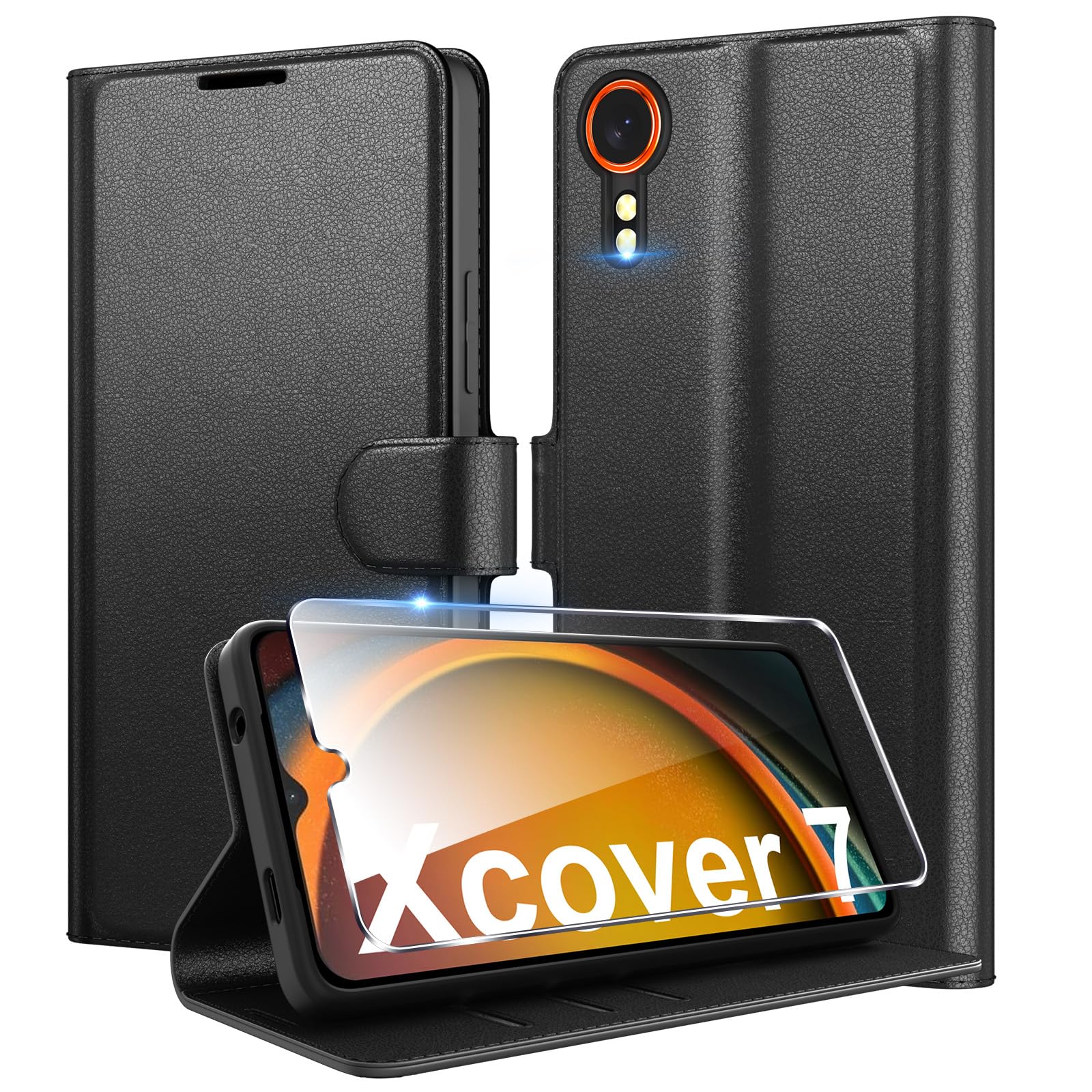 Eirltiy Cover per Samsung Galaxy Xcover 7 Portafoglio Pelle PU Premium, Custodia Scomparti Carte Antiurto Protettiva Case con 1 Vetro Temperato, Nero
