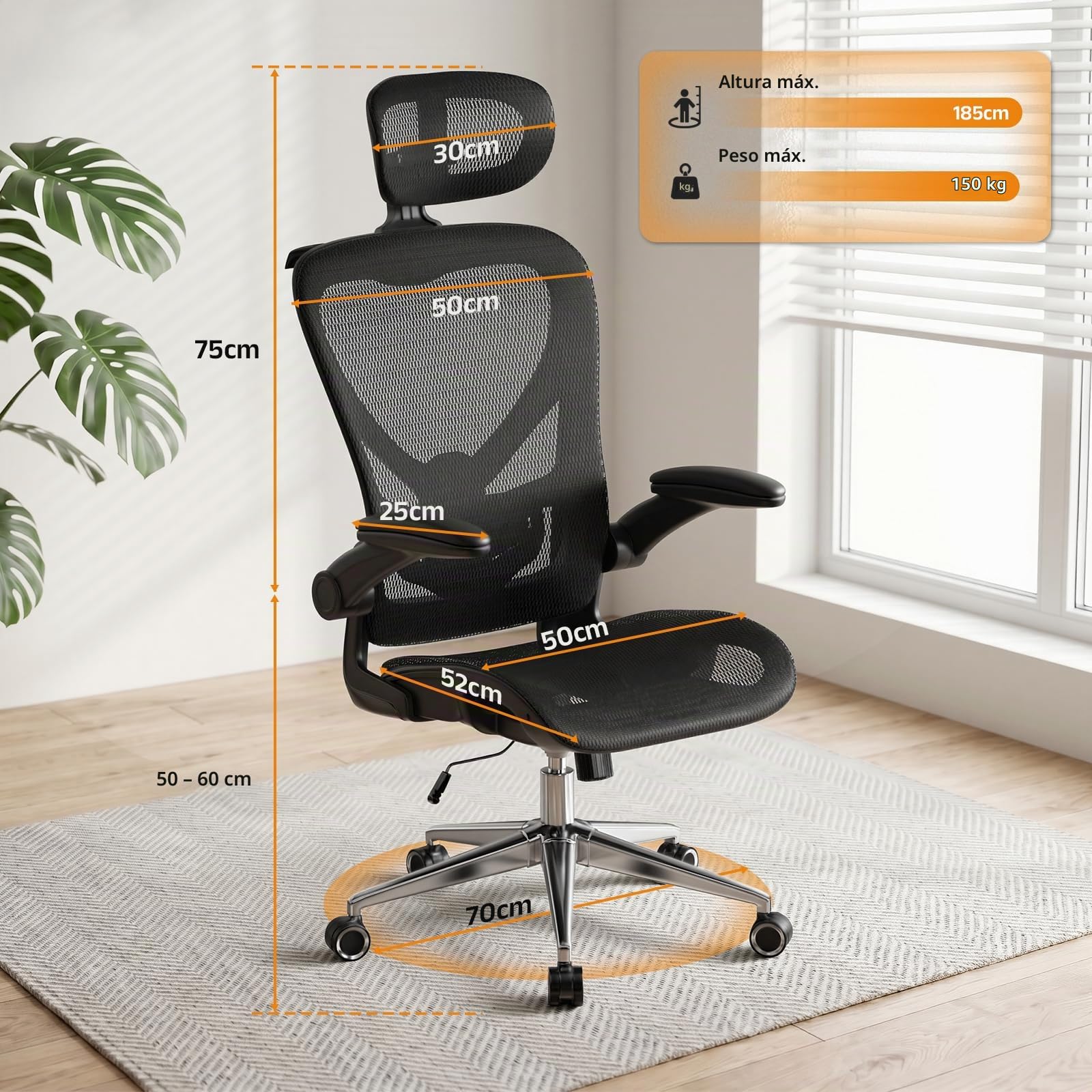 naspaluro Silla Ergonomica Escritorio Gaming, Silla de Oficina Negra, 150kg | Reposacabezas 3D, soporte lumbar 2D, reposabrazos abatibles, Tejido de malla resistente y duradero, base de hierro robusta