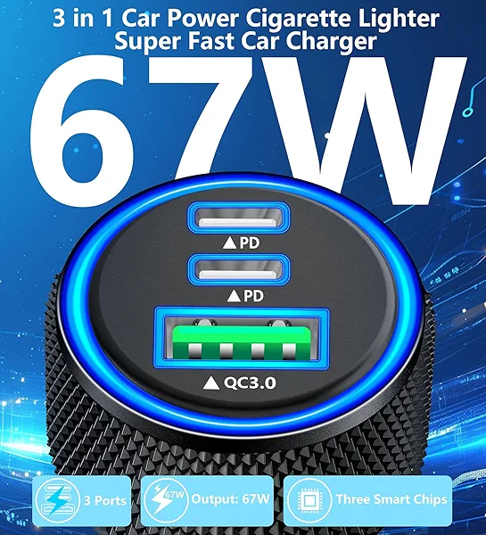 [Apple MFi Certified] iPhone 17 Car Charger Fast Charging, KYOHAYA 3-Port 67W PD/QC Car Power Adapter USB-C Charger Cigarette Lighter + Type-C Braided Cord for iPhone 17/17 Pro/16 Pro/15/Galaxy/Pixel