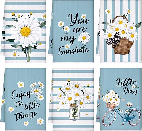 Juego de 6 paños de cocina con diseño de margaritas y rayas de margaritas, absorbentes y florales, 24 x 16 pulgadas, regalos de cocina, toallas de