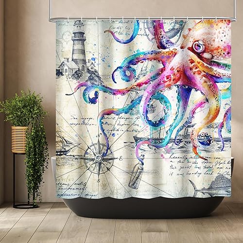 Cortina de ducha de pulpo náutico, colorida cortina de ducha con diseño de océano Kraken para baño, ancla, mapa costero, impermeable, juego de