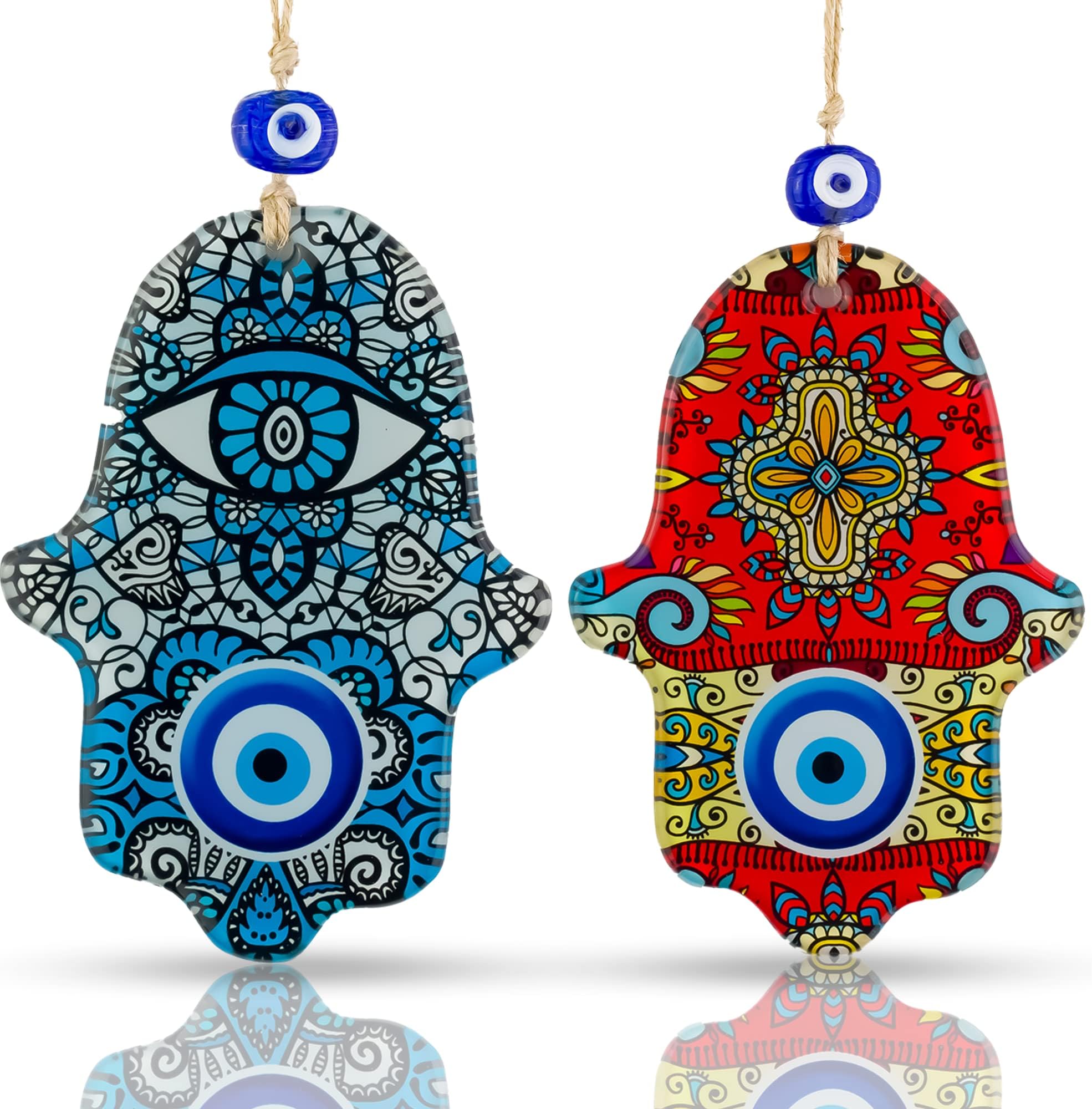 BCS - 2 Pcs Blue & Red Hamsa Evil Eye Decor Home Wall Hanging Glass Handmade Turkish Nazar Amulet Good Luck and Protection Charm Set of 2