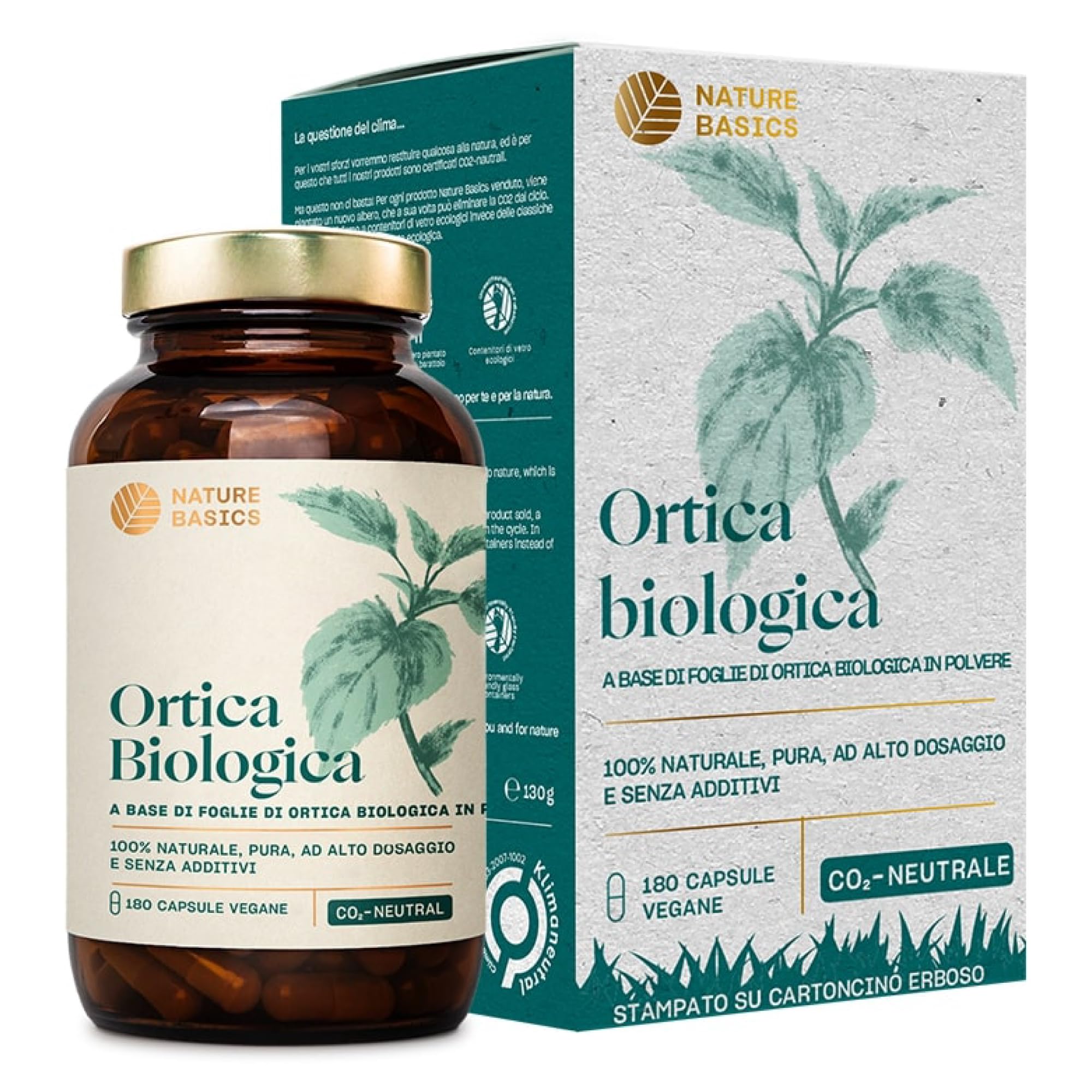 Ortica biologica - 180 capsule ad alto dosaggio / 900 mg di polvere di foglie di ortica biologica pura e di alta qualità per dose giornaliera/vegana, certificata e sostenibile in barattolo