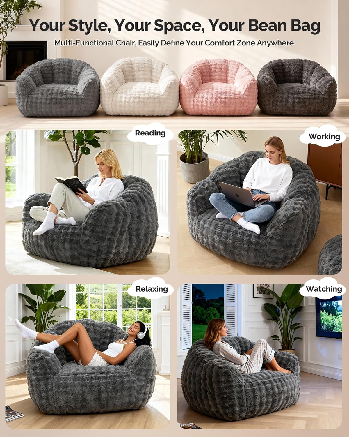 KINGYES Bean Bag Chair, Giant Bean Bag Couch with Memory Foam Filled, Gaming Beanbag Chair for Adults, Bean Bag for Kids & Teen, Light Gray - Image 6