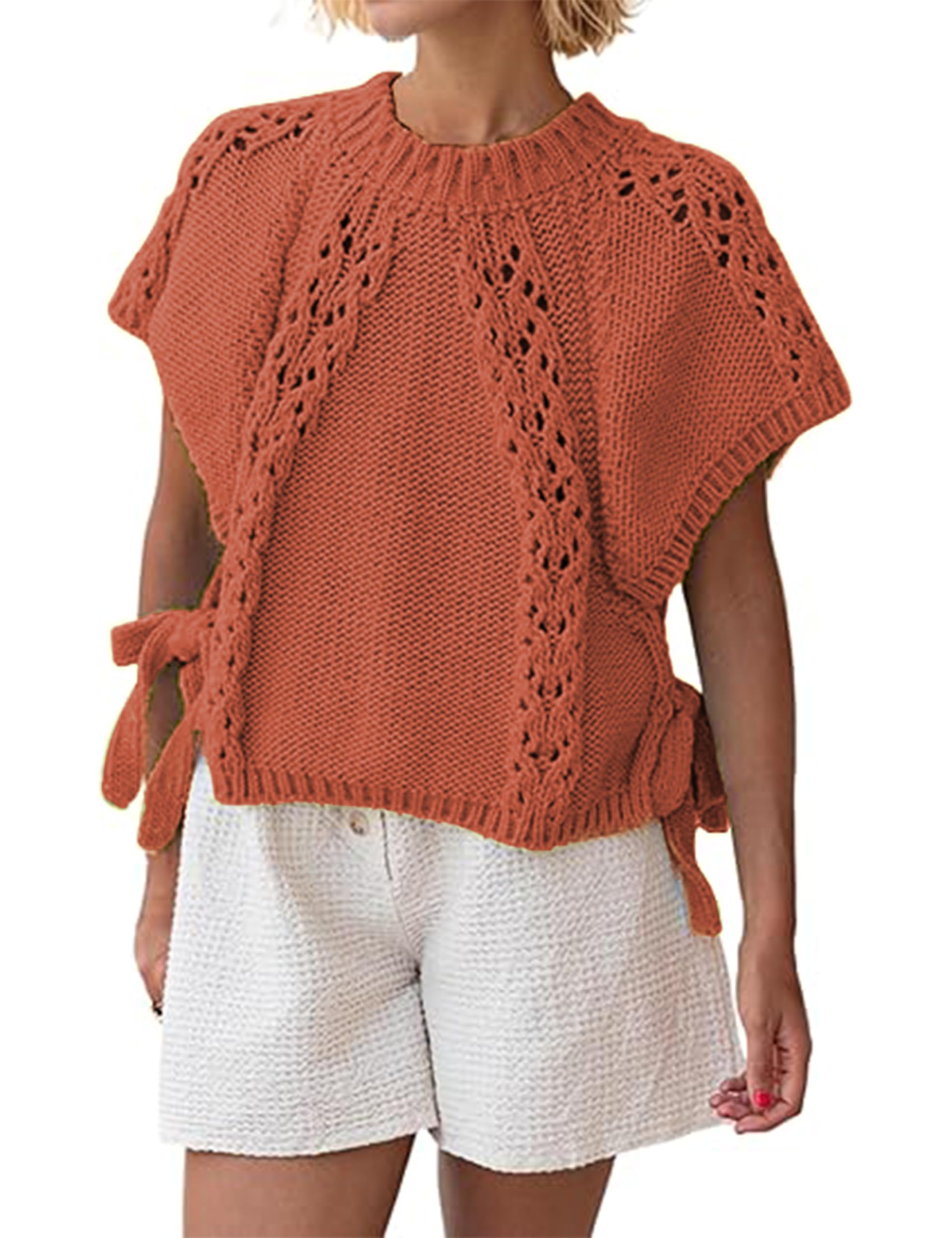 Knitted Tops Short Sleeve Sweater for Women Lace Up Crew Neck Crochet Tops Hollow Out Pullover Sleeve Sweater