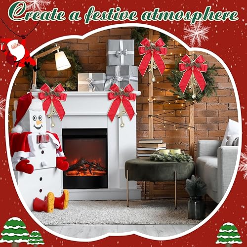 Miniatura 6 de Yinkin 4 lazos de corona de Navidad con cascabeles de 11 x 7.8 pulgadas, lazo de terciopelo con cono de pino, adornos colgantes para el hogar,