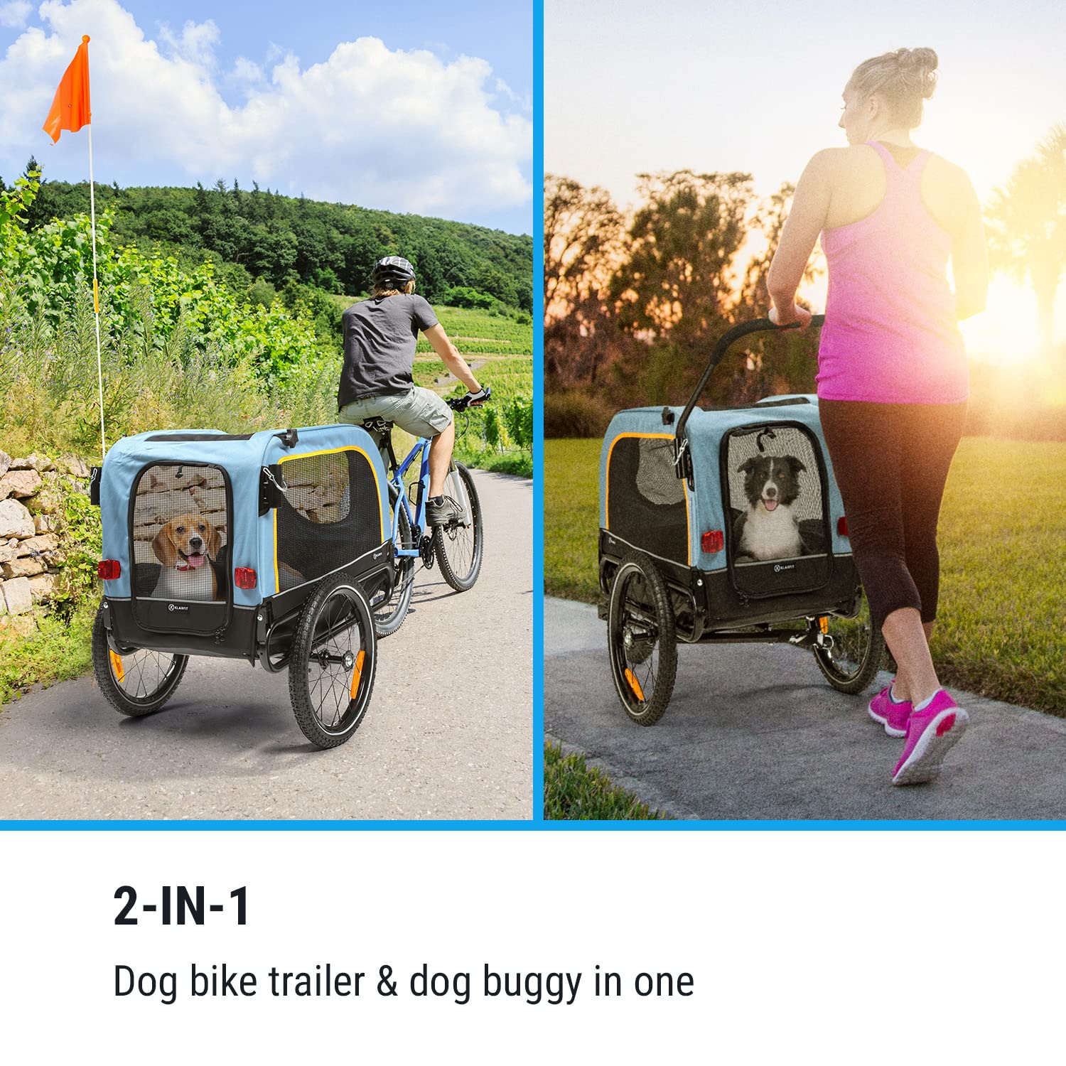 KLARFIT Corgi 2 en 1 Remolque de Bicicleta y Silla de Paseo para Perros - Remolque para Perros con Capacidad máxima de 30 kg, Marco de Acero Revestido en Polvo, banderín, 600D Oxford Canvas