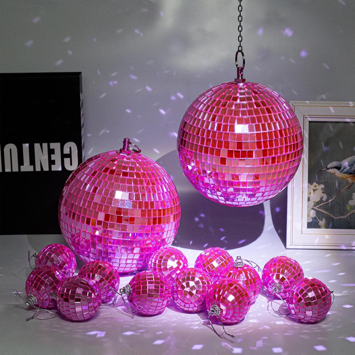 Mirror Balls, MUZTOP 14 Pack Disco Ball Ornaments Hanging Disco Mirror Ball for DJ Stage Club Wedding Holiday Home Party Decor, 6 Inch, 2 Inch (Pink)