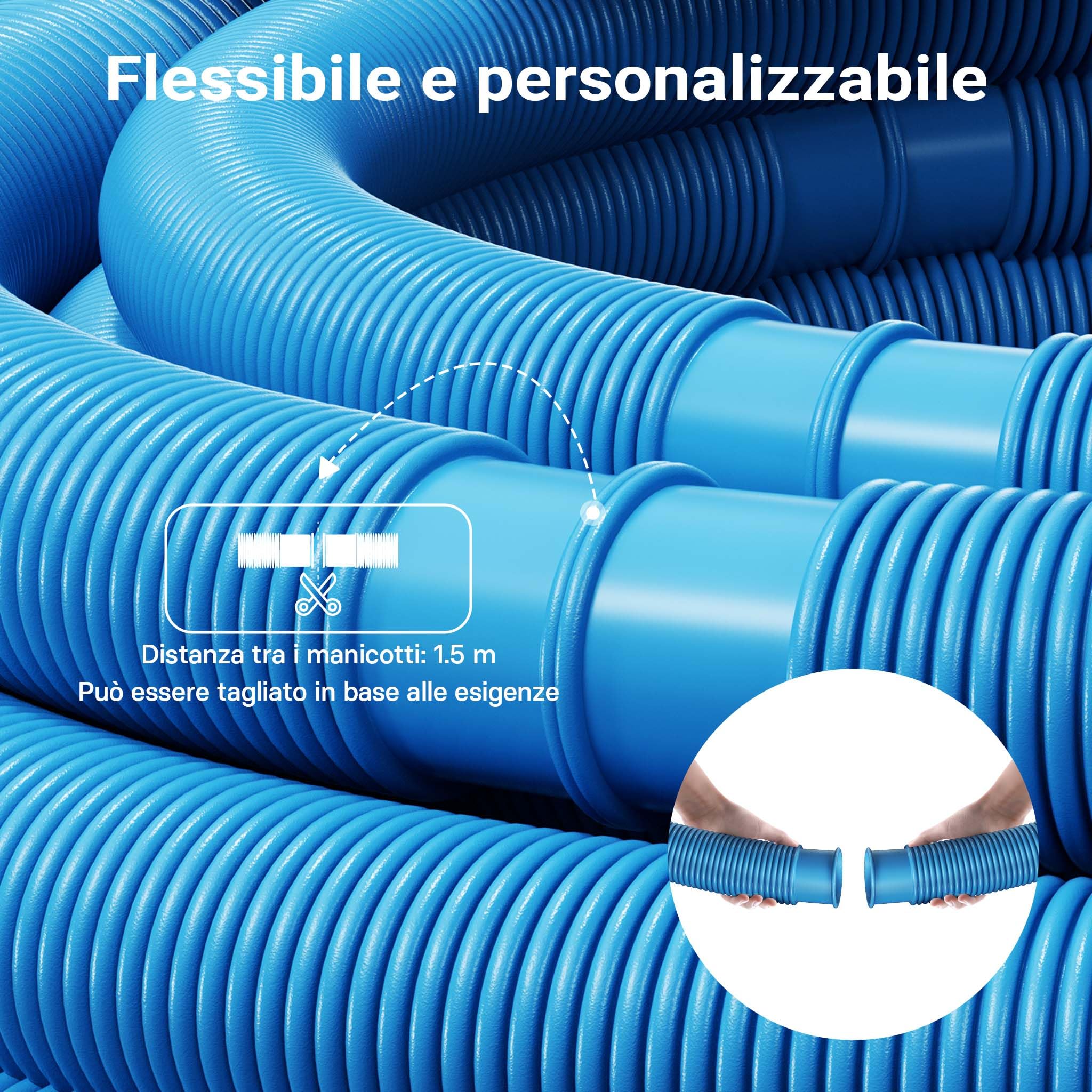 Wiltec Tubo per Piscina Blu, 30m Ø 38 mm, sezionabile Ogni 1,5 m, Galleggiante, in Resina 190 g/m Made in EU