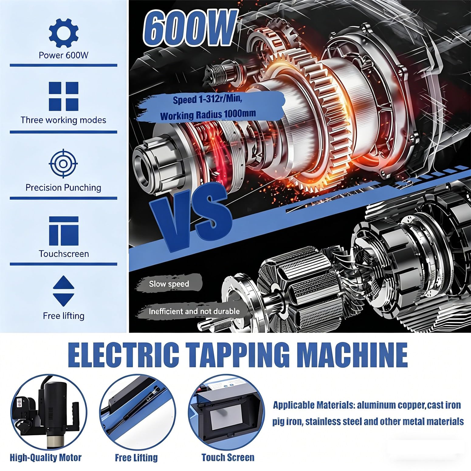 Elektryczna maszyna do gwintowania 360°, wielokierunkowa, ramię elektryczne do gwintowania, zakres gwintów M3-M16, moc 600 W, 8 tulei zaciskowych w zestawie, ekran dotykowy