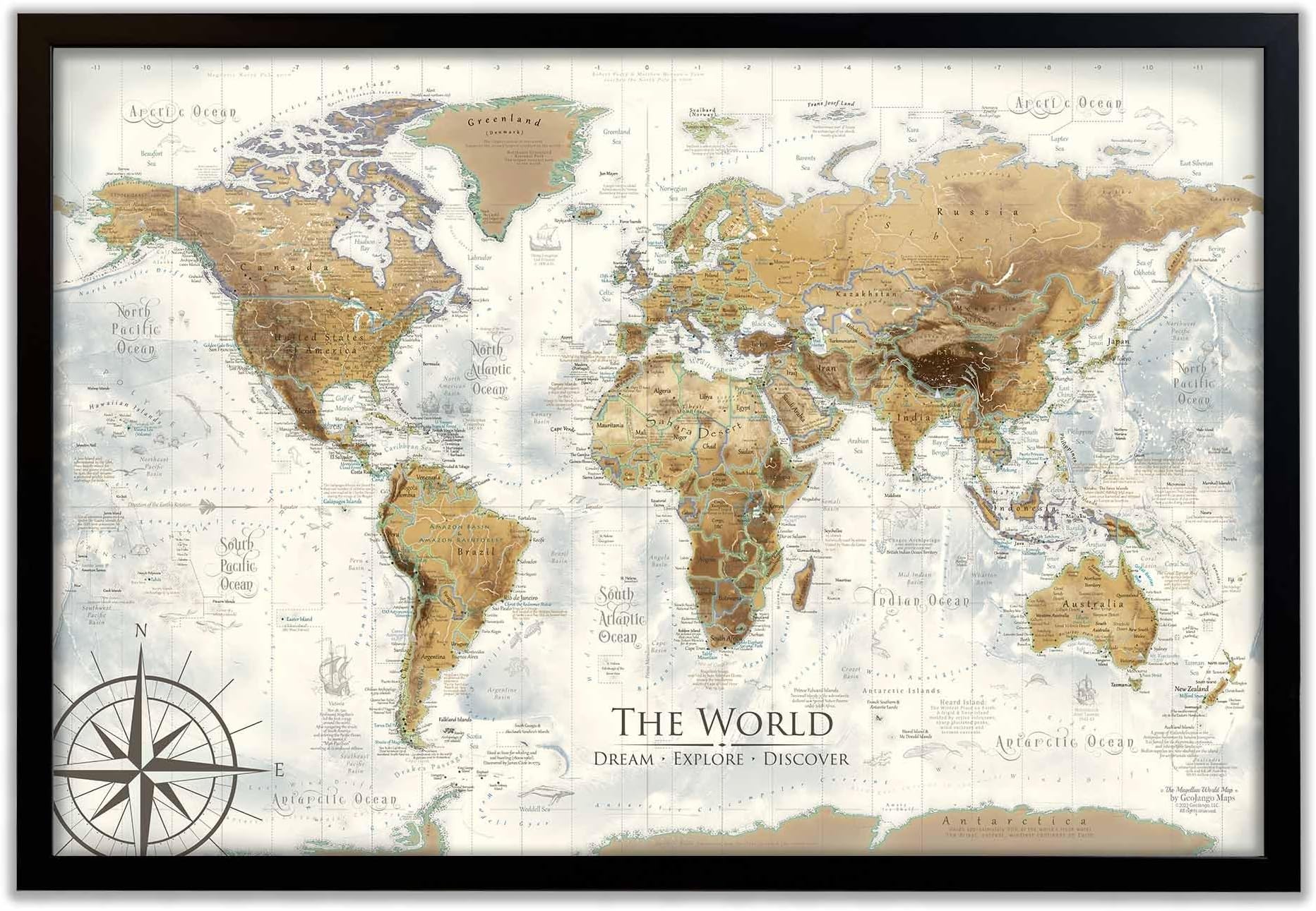 Personalized Push Pin World Travel Map with Pins - Large Wall Art Stretched Canvas, Rolled Poster, or Framed Map - World Maps for Wall - Magellan Handmade World Map Pin Board Home Decor Travel Gift