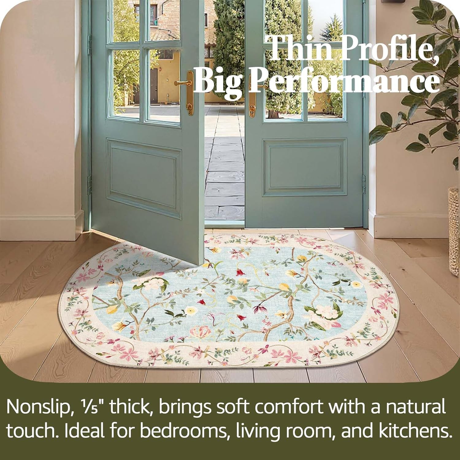 jinchan 3x5 Washable Oval Entryway Rug, Oriental Floral Non-Slip, Blue/Pink image 4