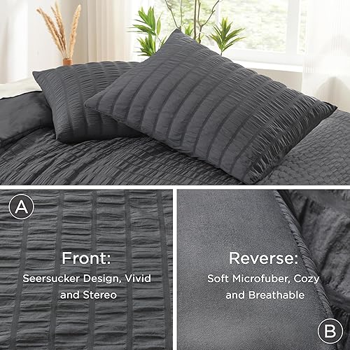 Miniatura 5 de AveLom Juego de edredón California King de seersucker gris oscuro (104 x 96 pulgadas), 3 piezas - 100% microfibra lavada suave, edredón ligero con 2