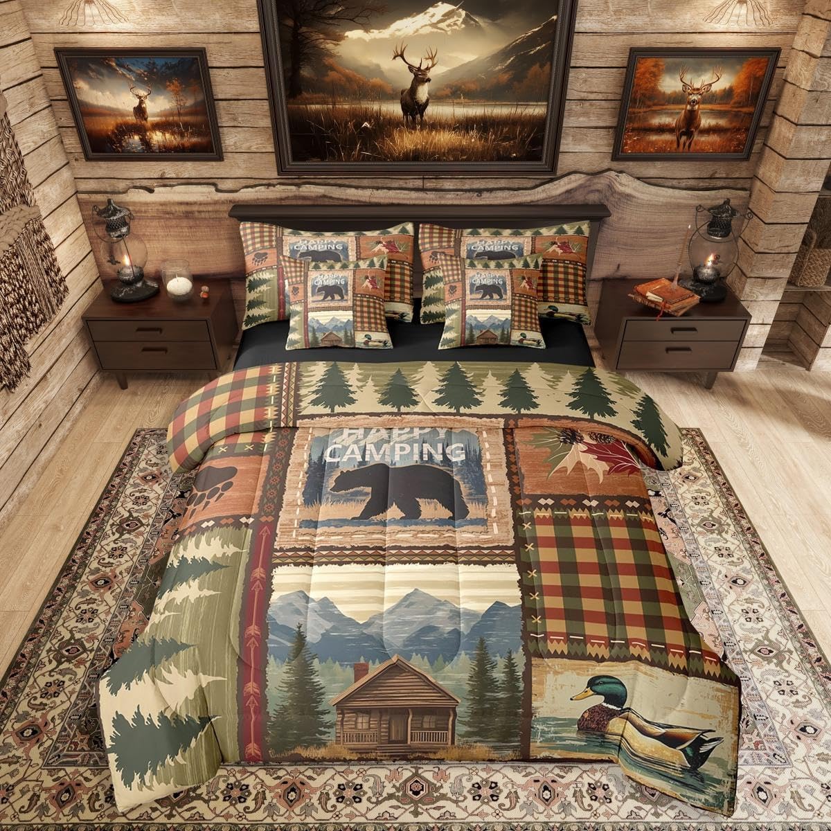 Erosebridal Bear 7 Pcs Comforter Set Twin Size,Hunting Cabin Lodge Bed in a Bag with Flat Sheet and Fitted Sheet for Kids and Adults,Patchwork Bedding Set with Pillowcase and Shams