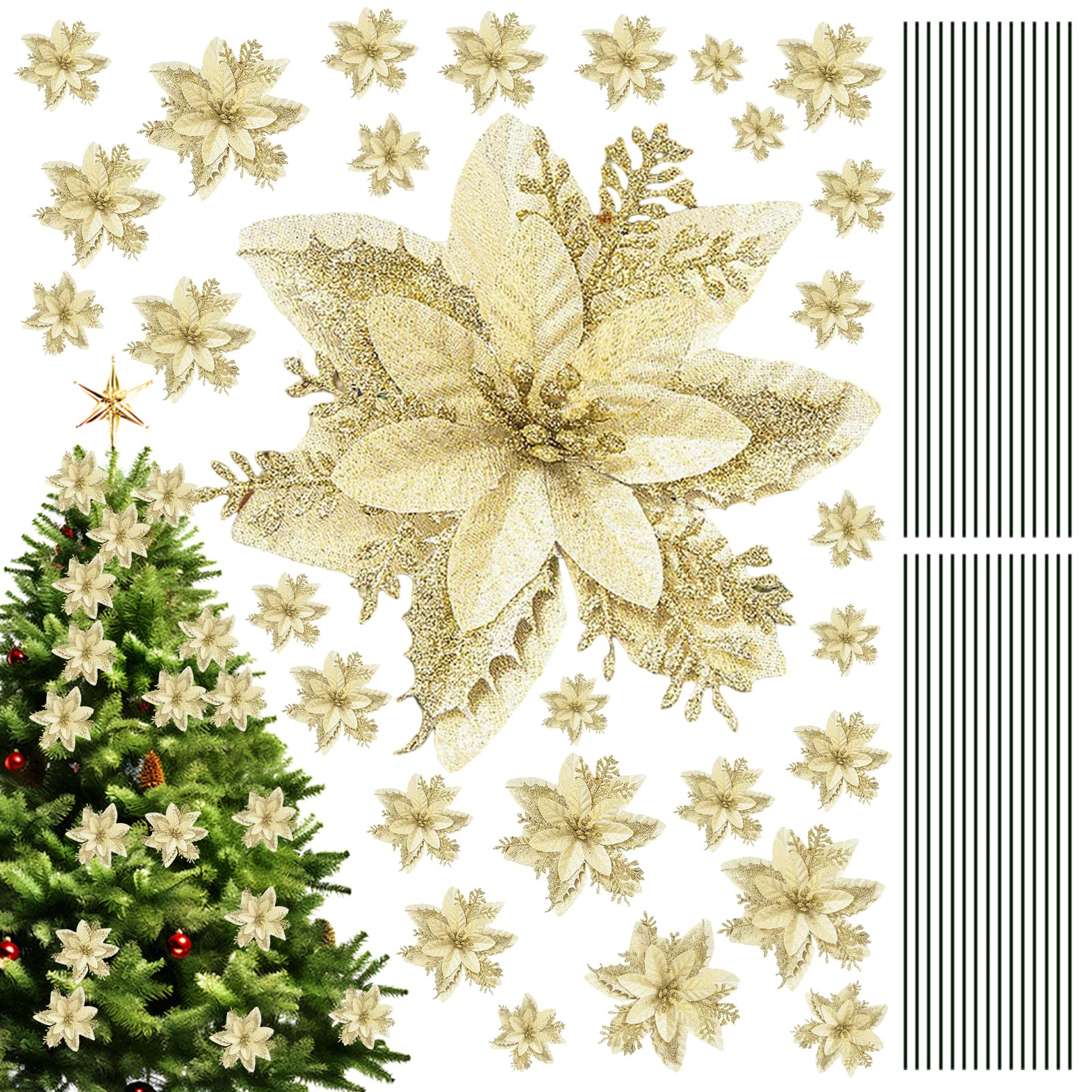 Kikaword Gold 30 Pcs Poinsettia Christmas Decorations,Glitter Poinsettia Artificial Flowers With 30 Stems,For Xmas Tree Ornaments,New Year,Garland Wreath Decoration