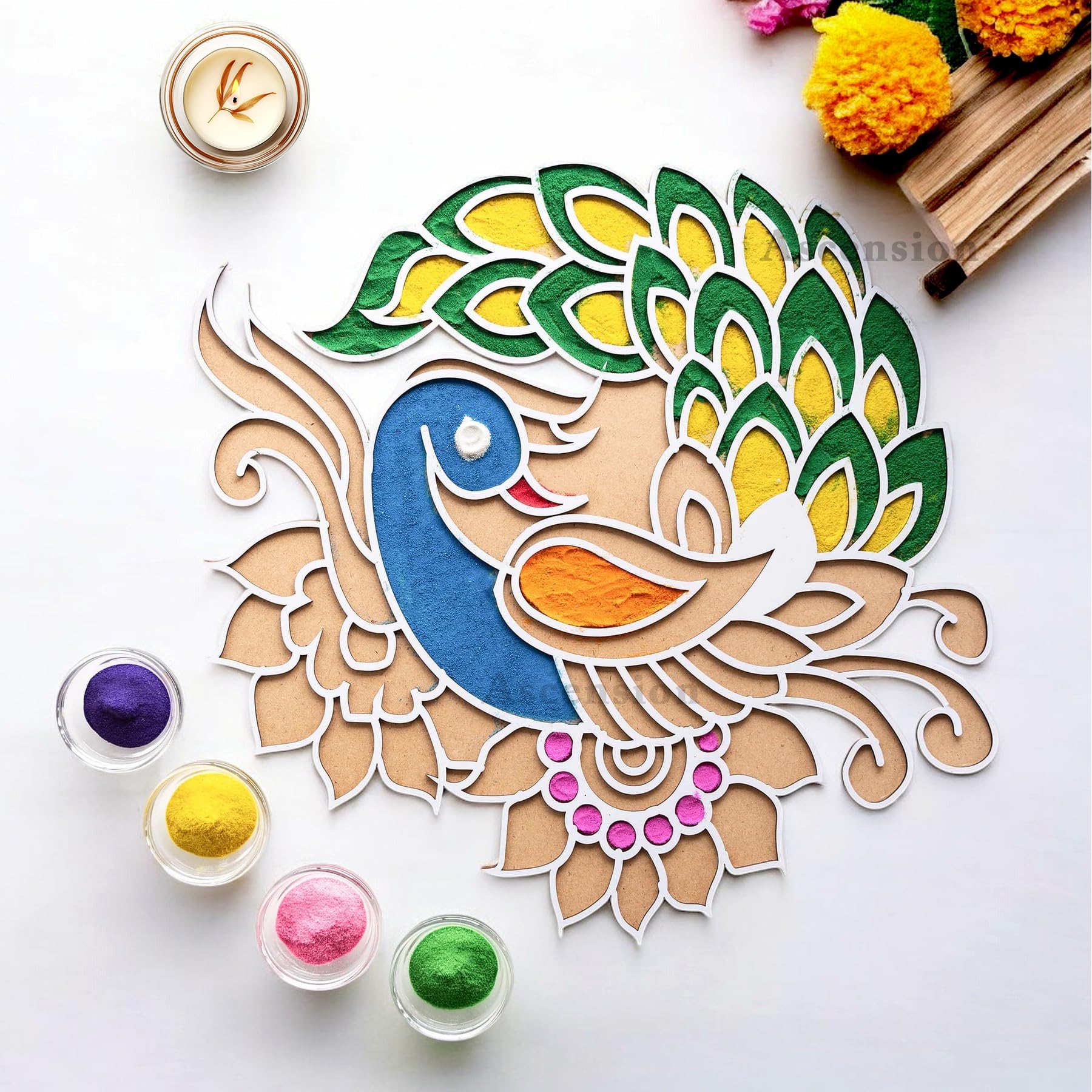 Ascension Portable Peacock Design Rangoli Stencils (11inches) for Diwali Décor Home Decoration Reusable Templates for Floor Table Just Fill with Rangoli Atta Rangoli Mats for Decoration