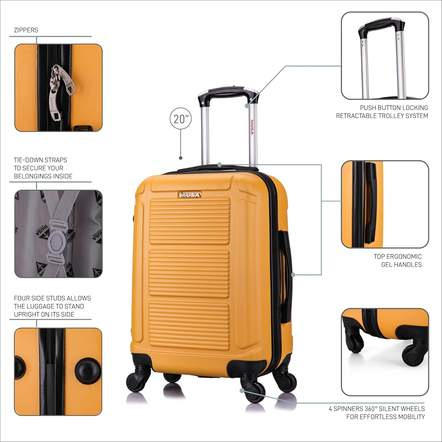 InUSA PILOT Luggage with Ergonomic Handles | Spacious Travel Suitcase with Four Spinner Wheels and Studs | 20 Inch Hardside Carry-On Spinner Luggage | Mustard