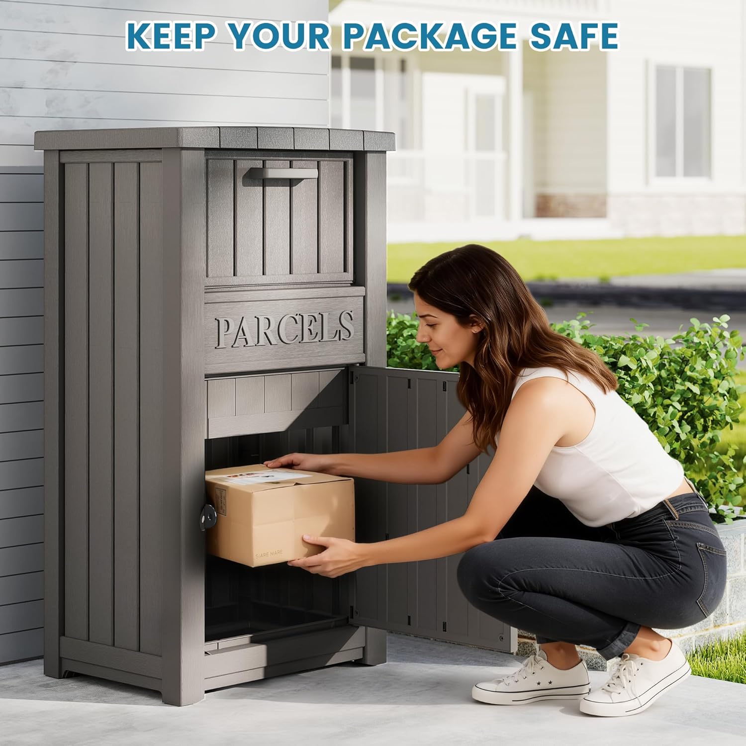 Package Delivery Box for Outside, Large Lockable & Weatherproof Anti-Theft Parcel Drop Box for Porch, Curbside, House Storage, Gray(60 Gallon)