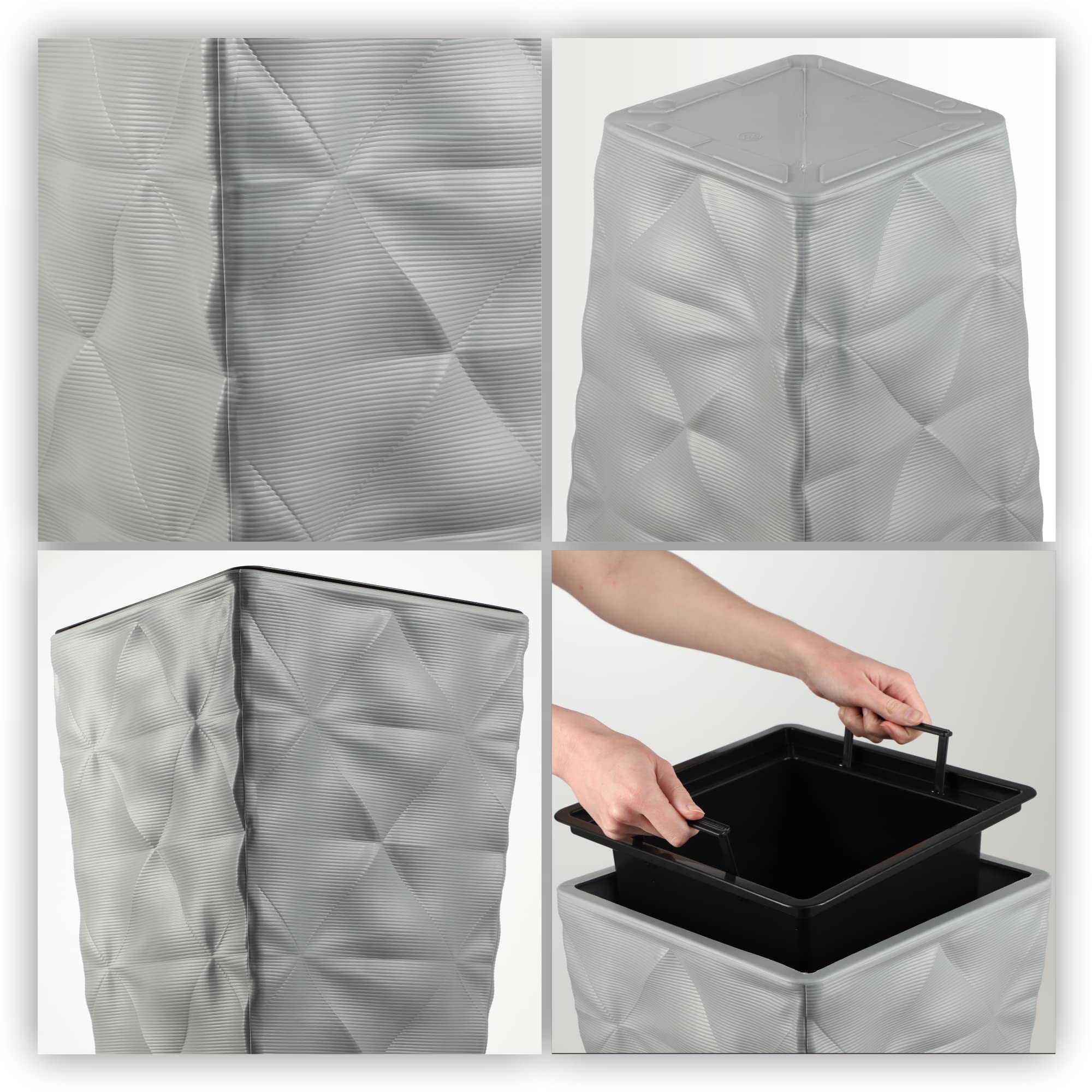 KADAX Pot de fleurs avec effet 3D, bac à fleurs en plastique en 4 couleurs, bac à plantes avec insert et poignées pratiques, pot en plastique, pot pour plantes d'extérieur (gris hauteur : 55,5 cm)